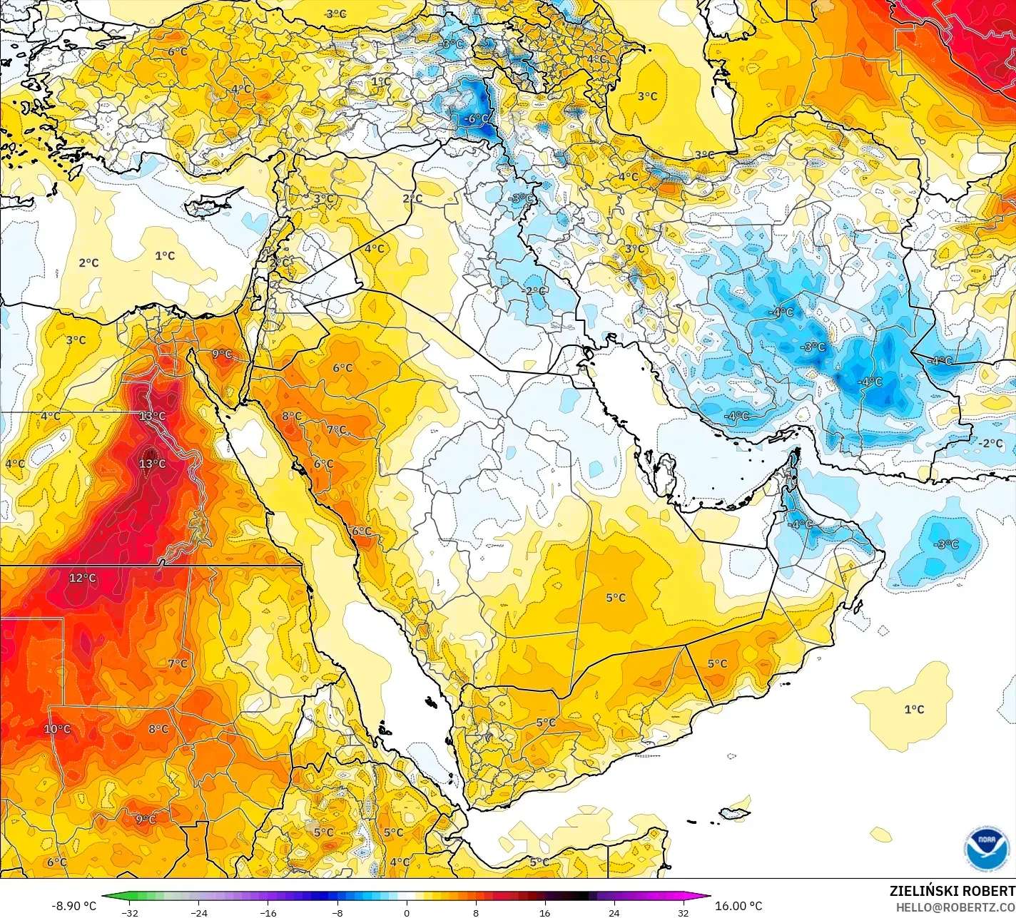 GFS modelo - Oriente Medio, Anomalía de temperatura a 2 m