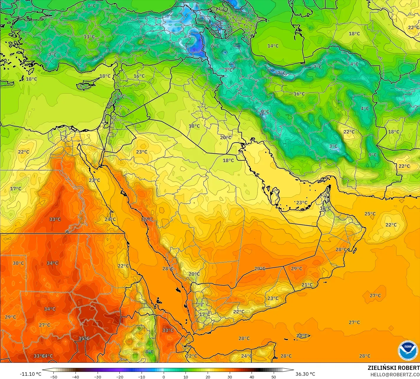 GFS modelo - Oriente Medio, Temperatura a 2 m