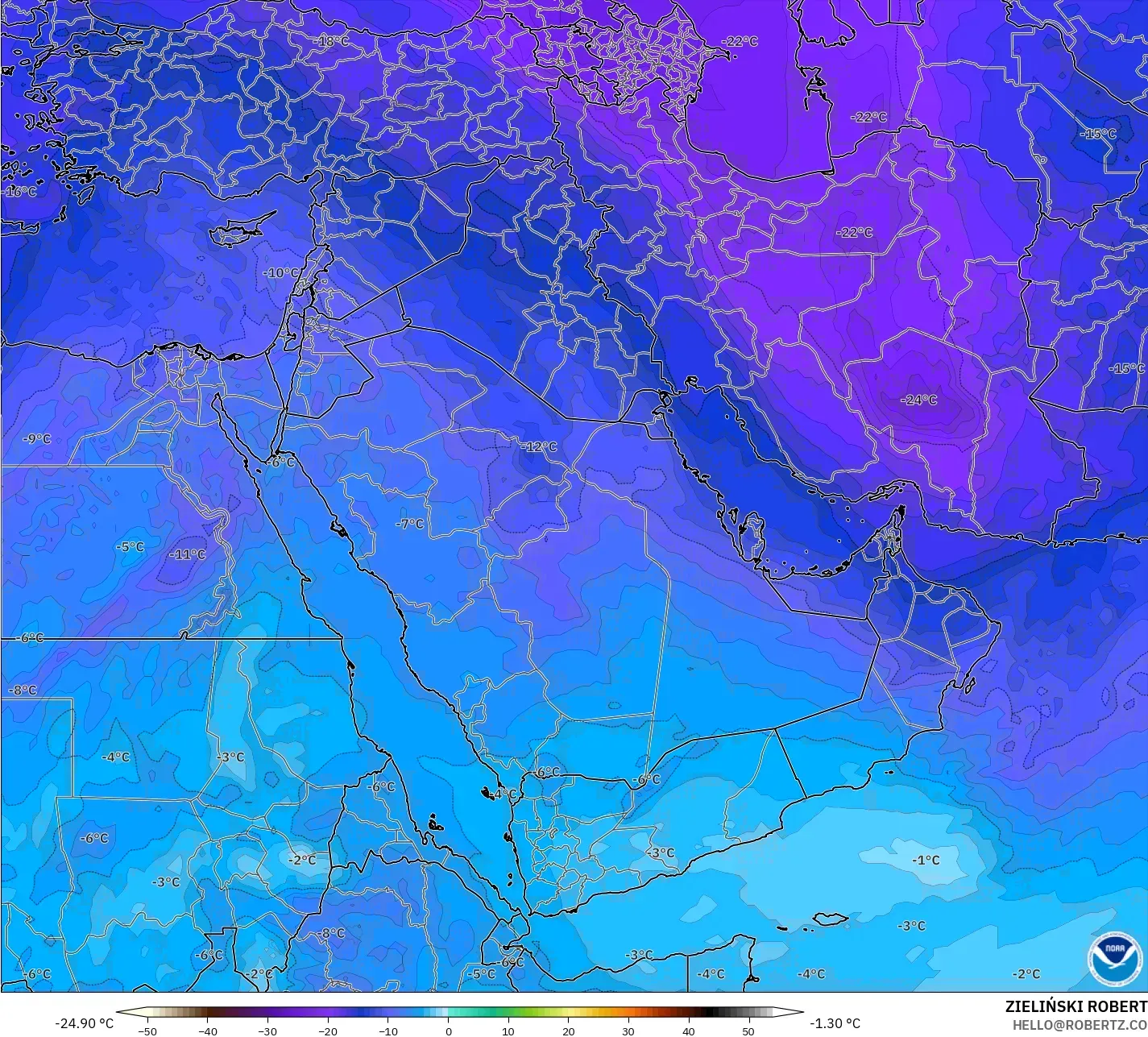 GFS modelo - Oriente Medio, Temperatura a 500 hPa