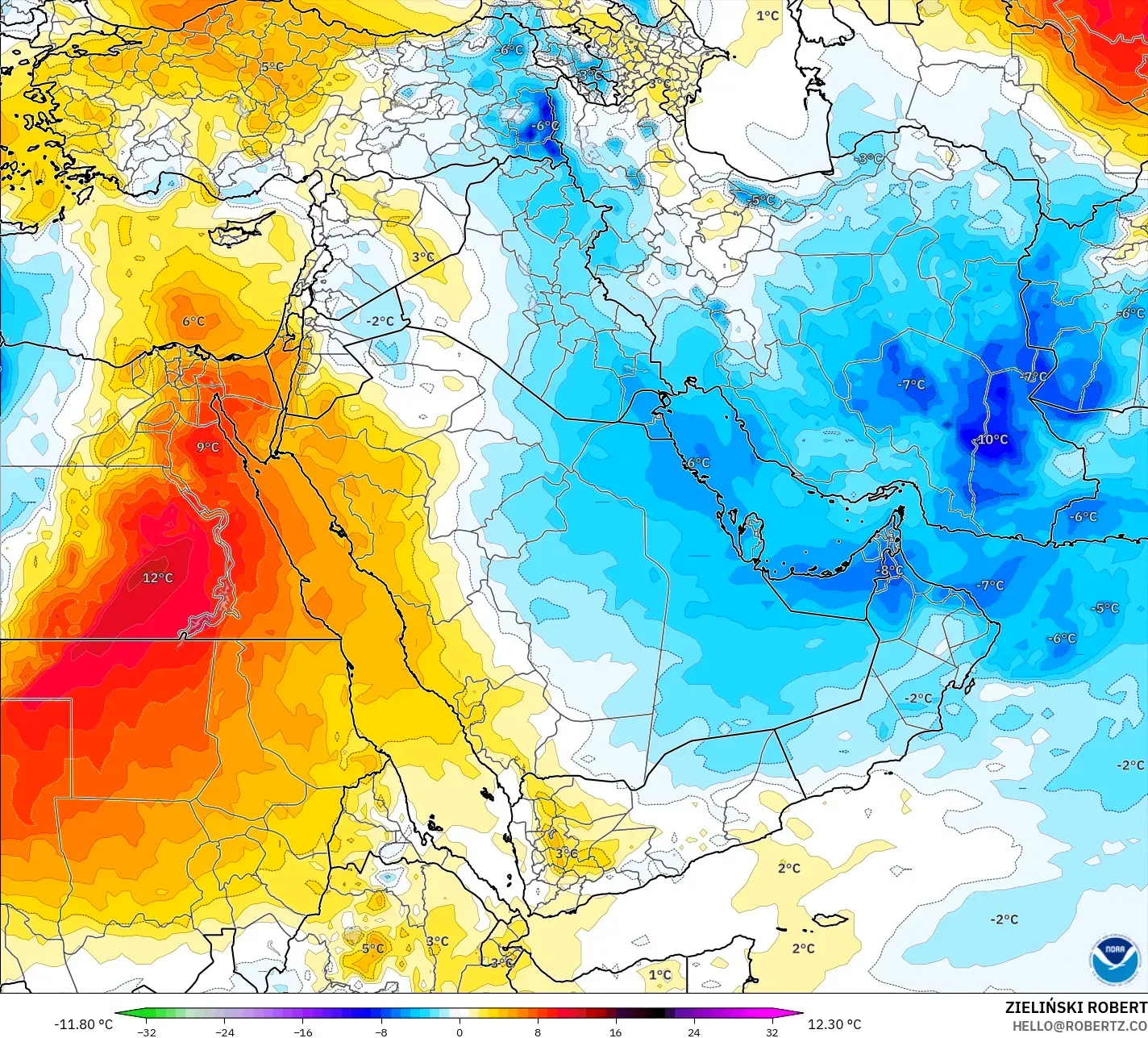 GFS modelo - Oriente Medio, Anomalía de temperatura a 850 hPa