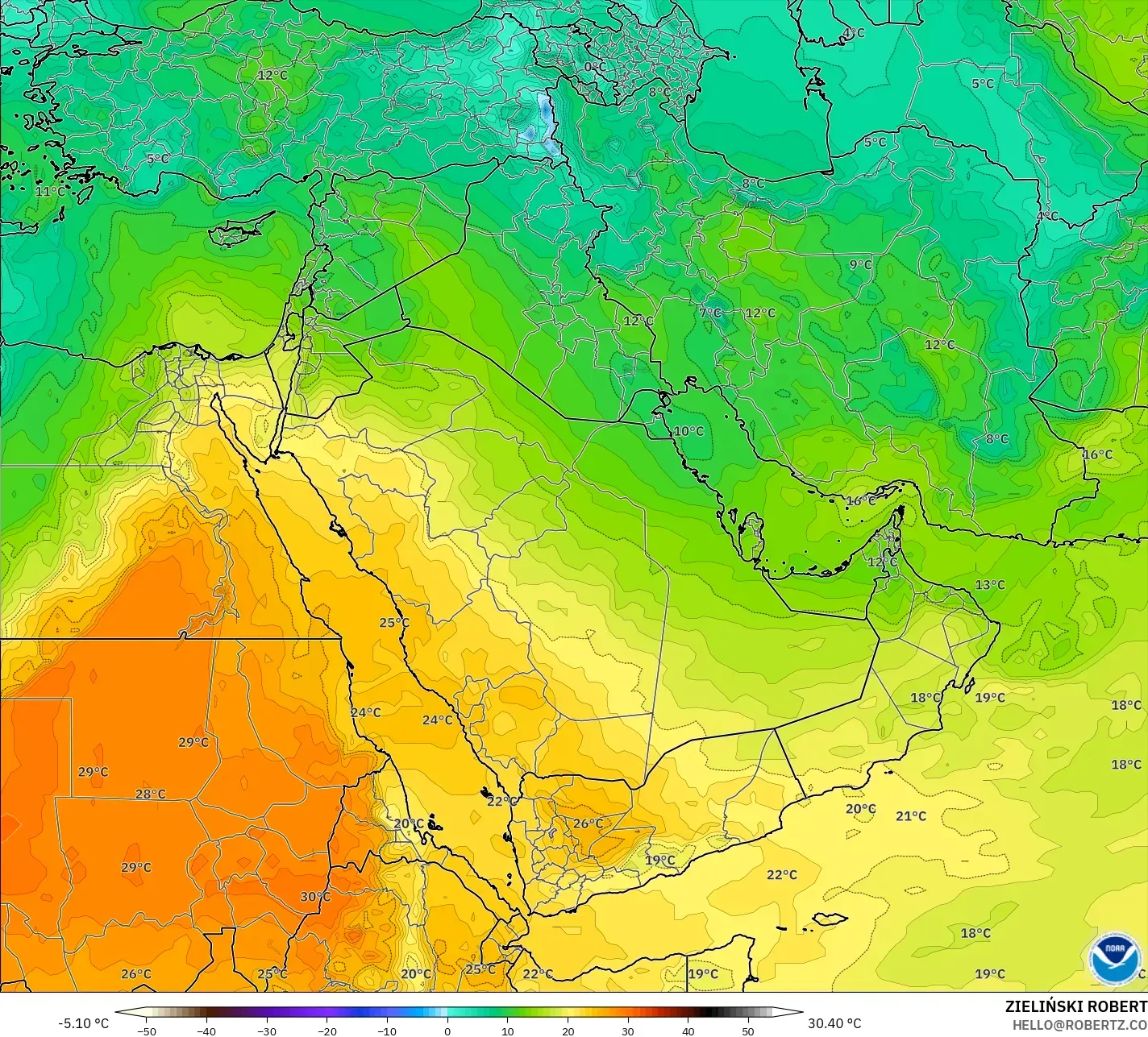 GFS modelo - Oriente Medio, Temperatura a 850 hPa