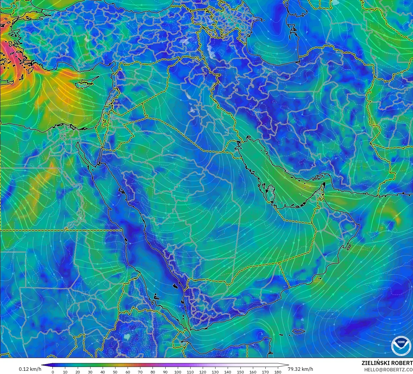 GFS modelo - Oriente Medio, Viento a 10 m