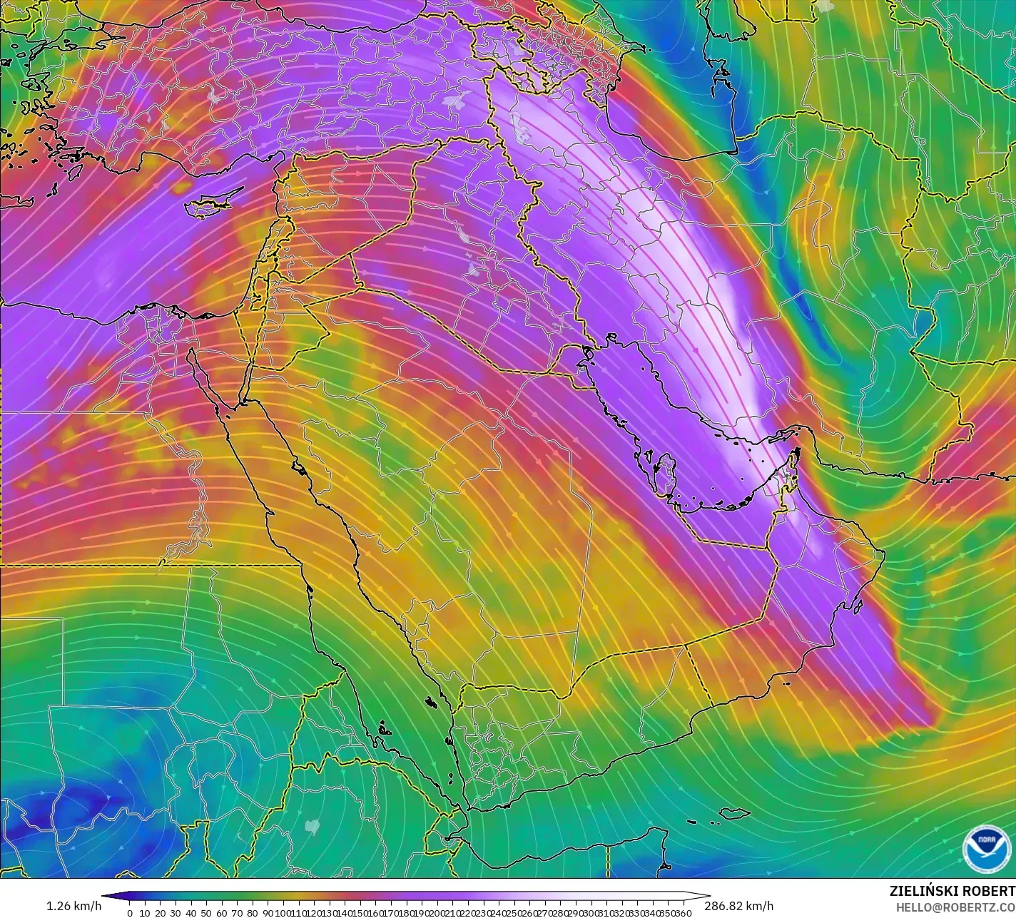 GFS modelo - Oriente Medio, Viento a 300 hPa (corriente en chorro)