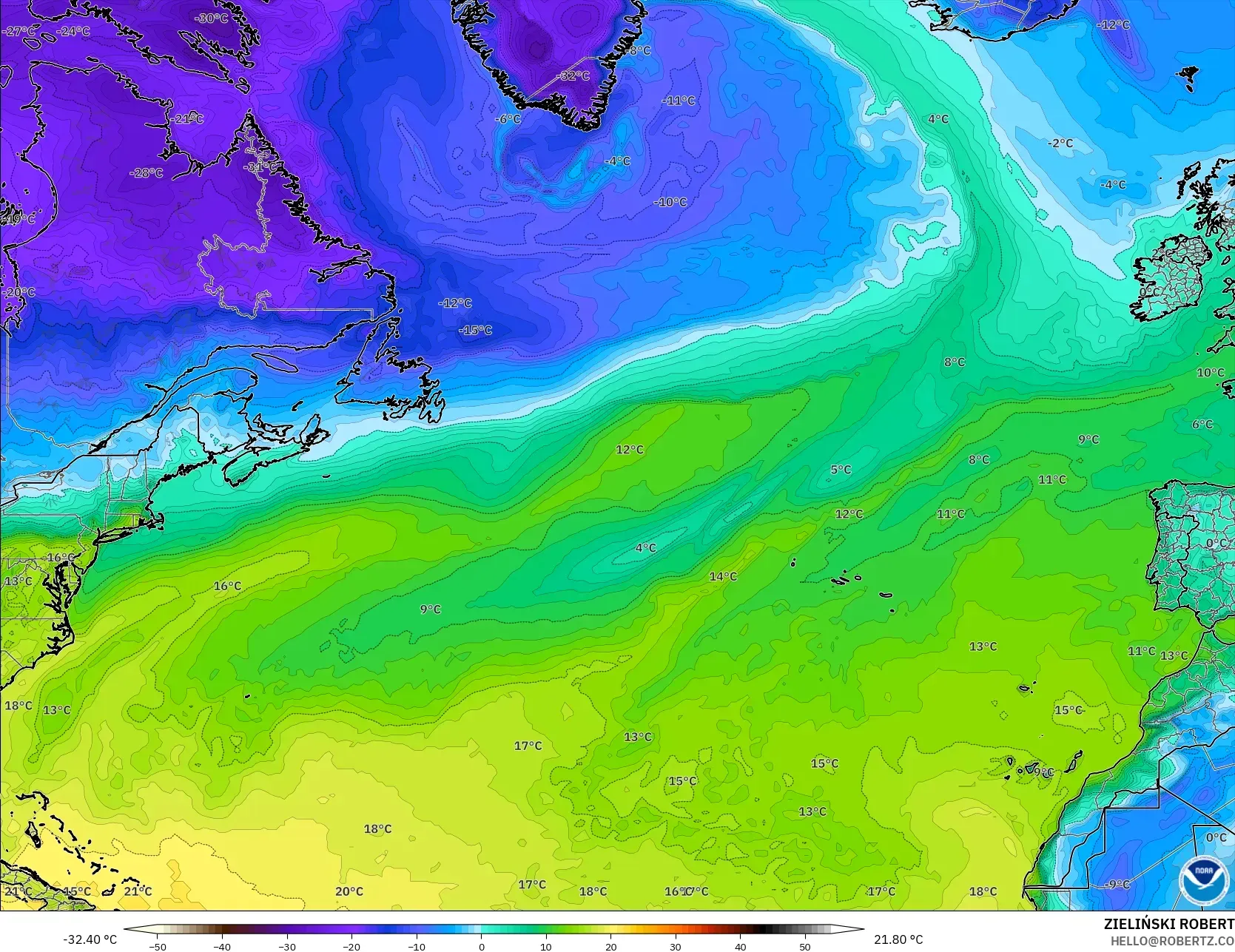 GFS modelo - Norte Atlántico, Punto de rocío a 2 m
