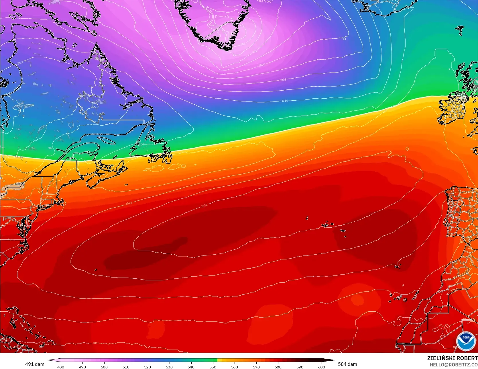 GFS modelo - Norte Atlántico, Altura geopotencial a 500 hPa
