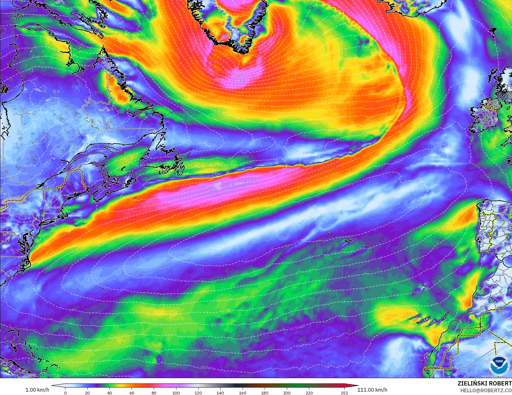 GFS modelo - Norte Atlántico, Ráfagas de Viento Máximas