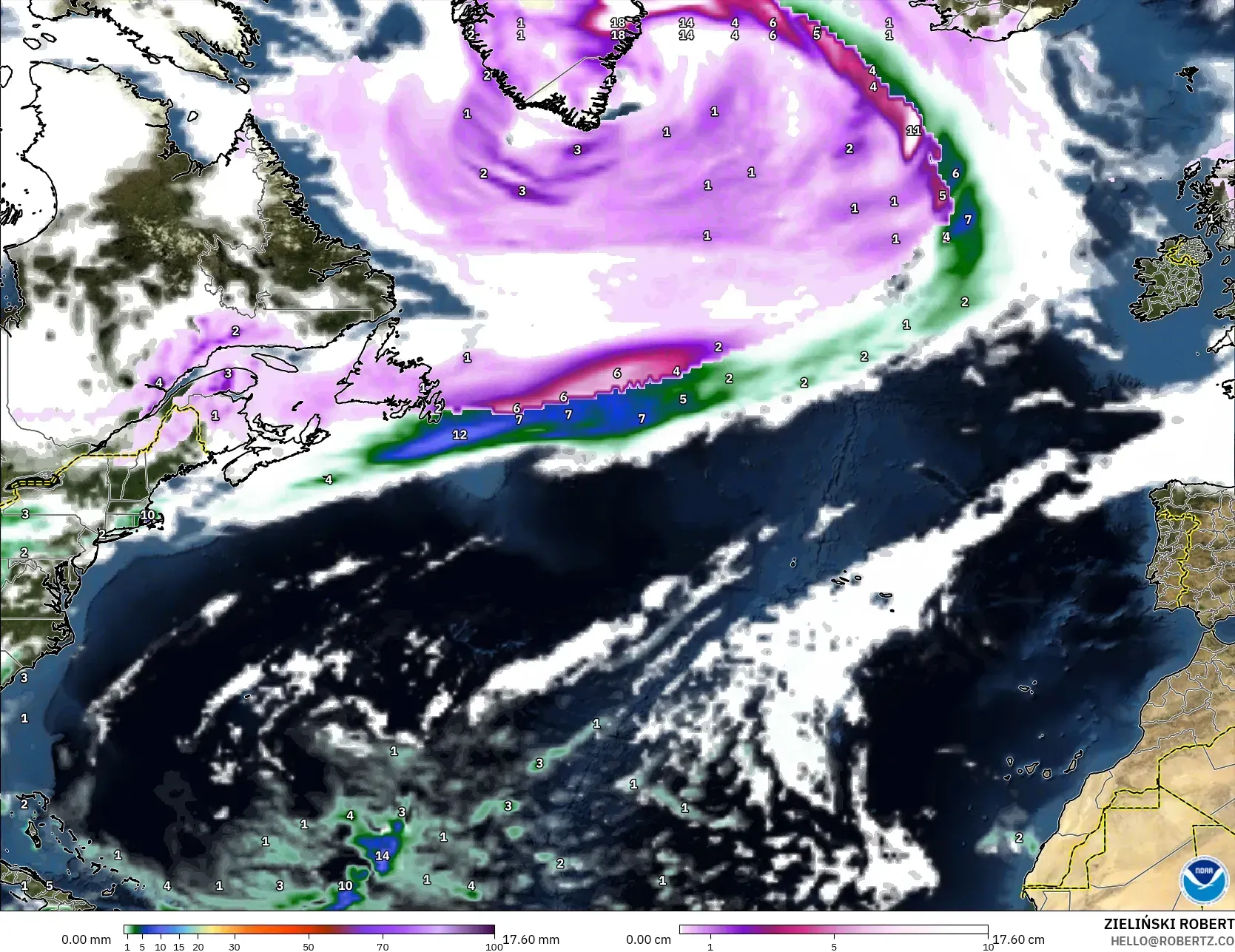 GFS modelo - Norte Atlántico, Precipitación, nubes y presión