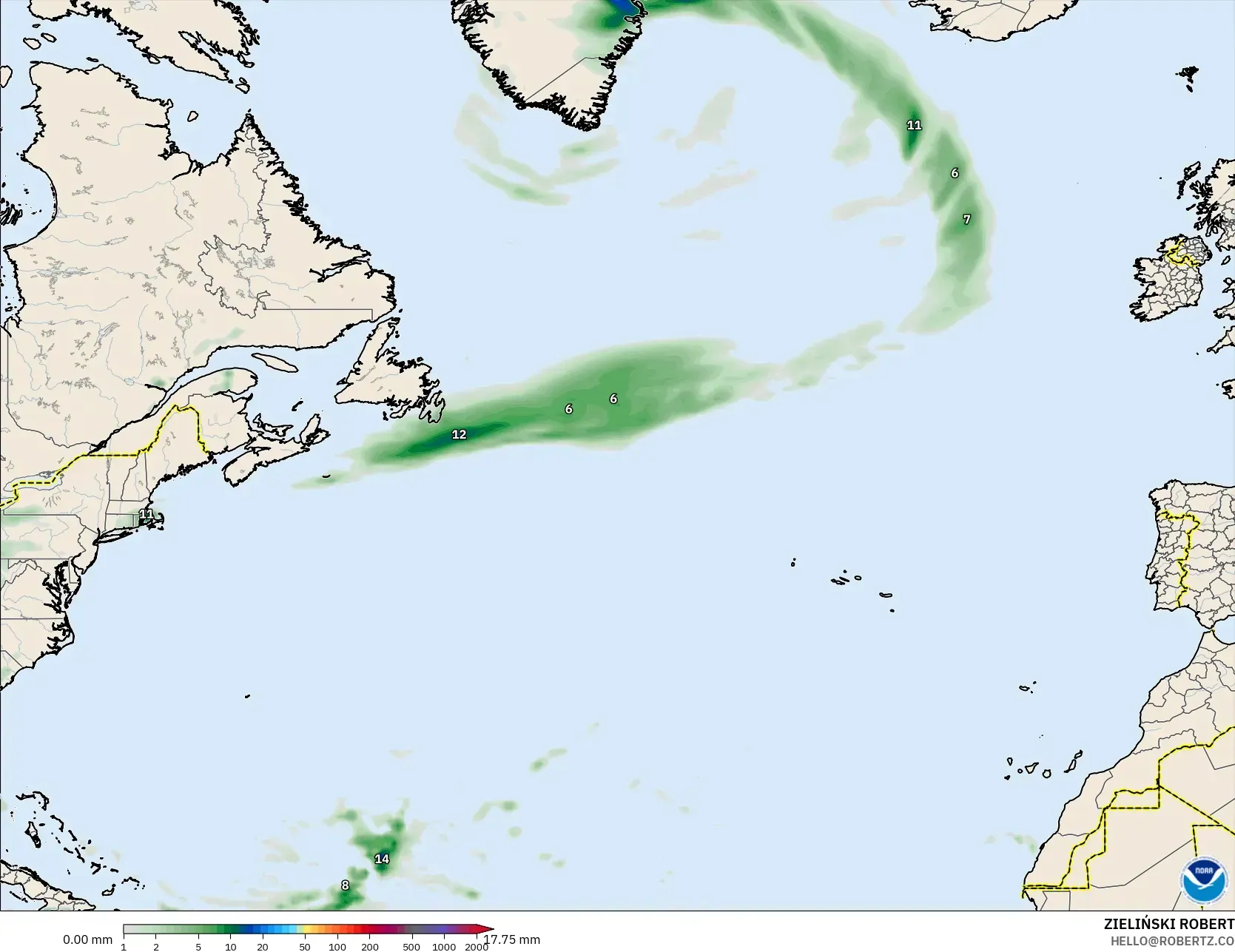 GFS modelo - Norte Atlántico, Acumulación de precipitación