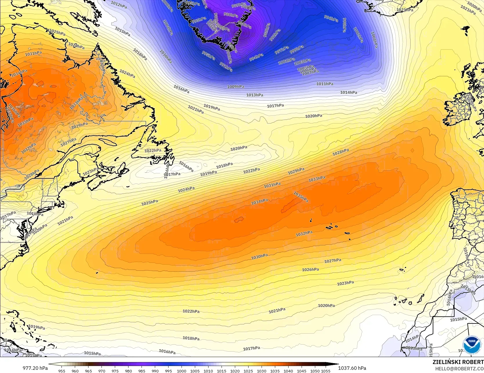 GFS modelo - Norte Atlántico, Presión