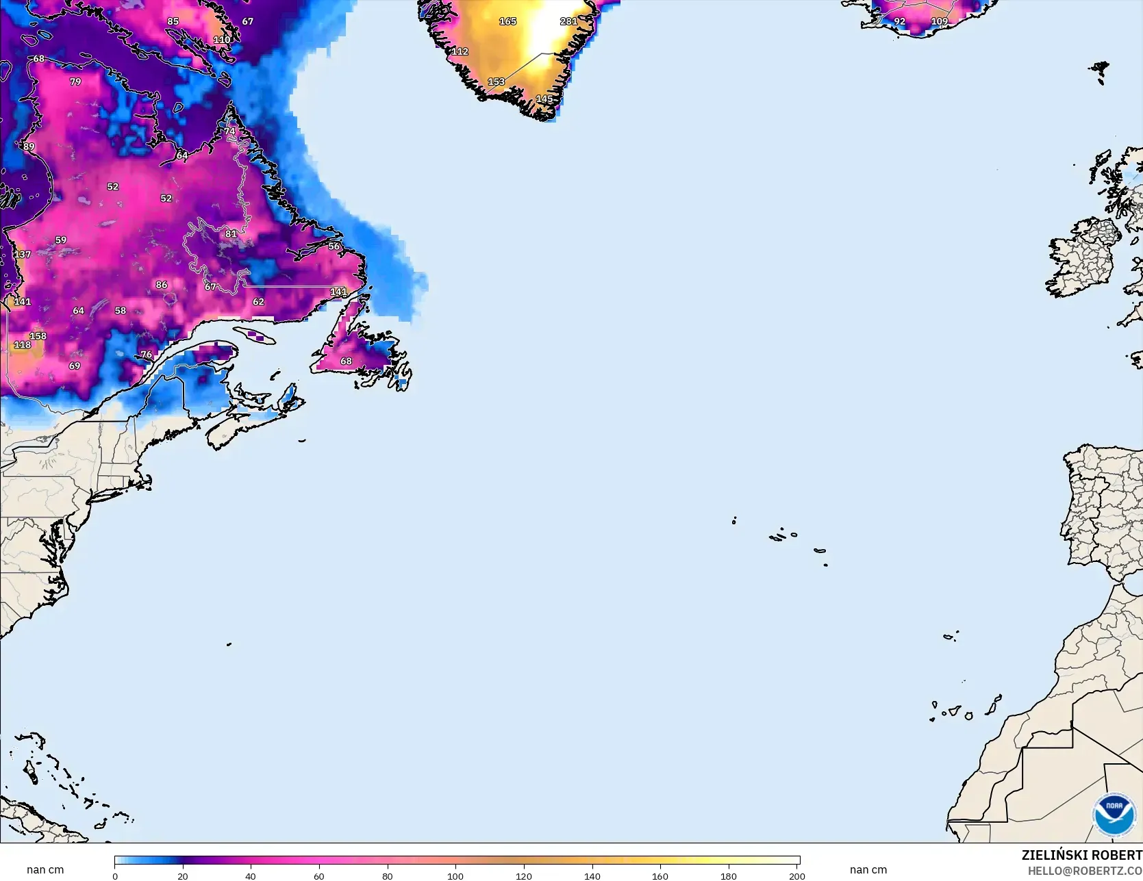 GFS modelo - Norte Atlántico, Profundidad de nieve