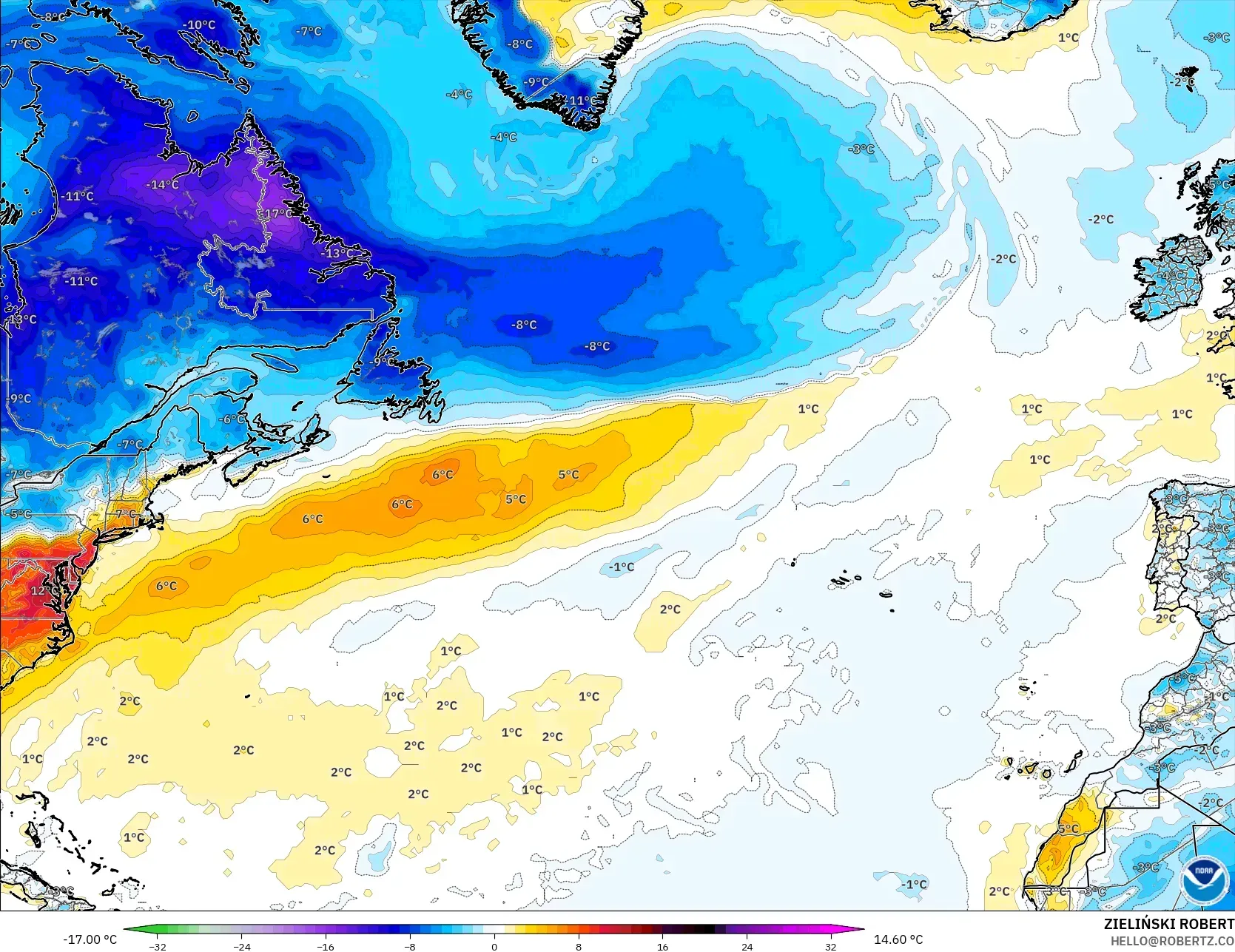 GFS modelo - Norte Atlántico, Anomalía de temperatura a 2 m