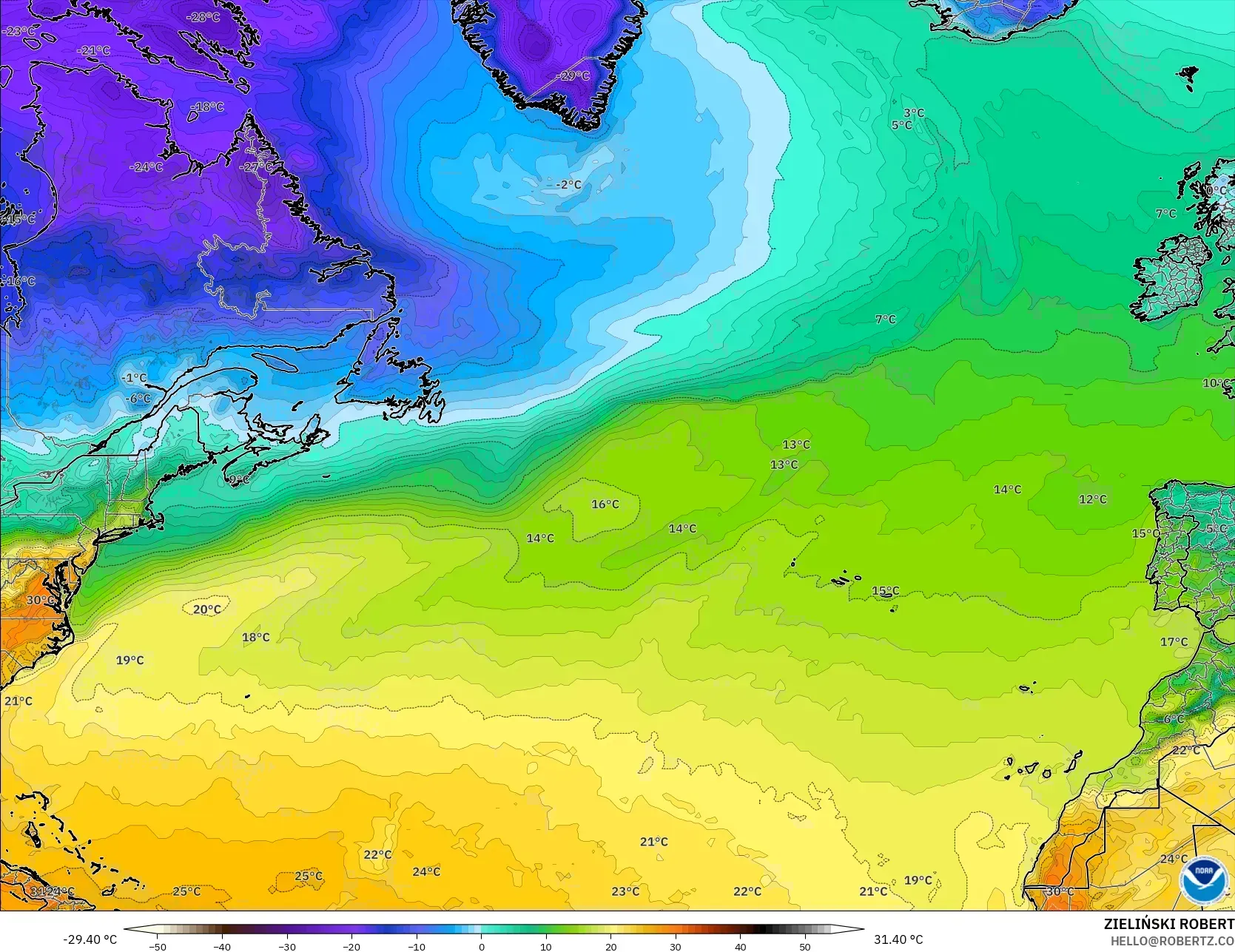 GFS modelo - Norte Atlántico, Temperatura a 2 m