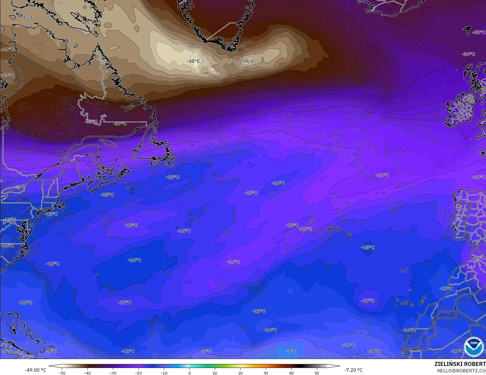 GFS modelo - Norte Atlántico, Temperatura a 500 hPa