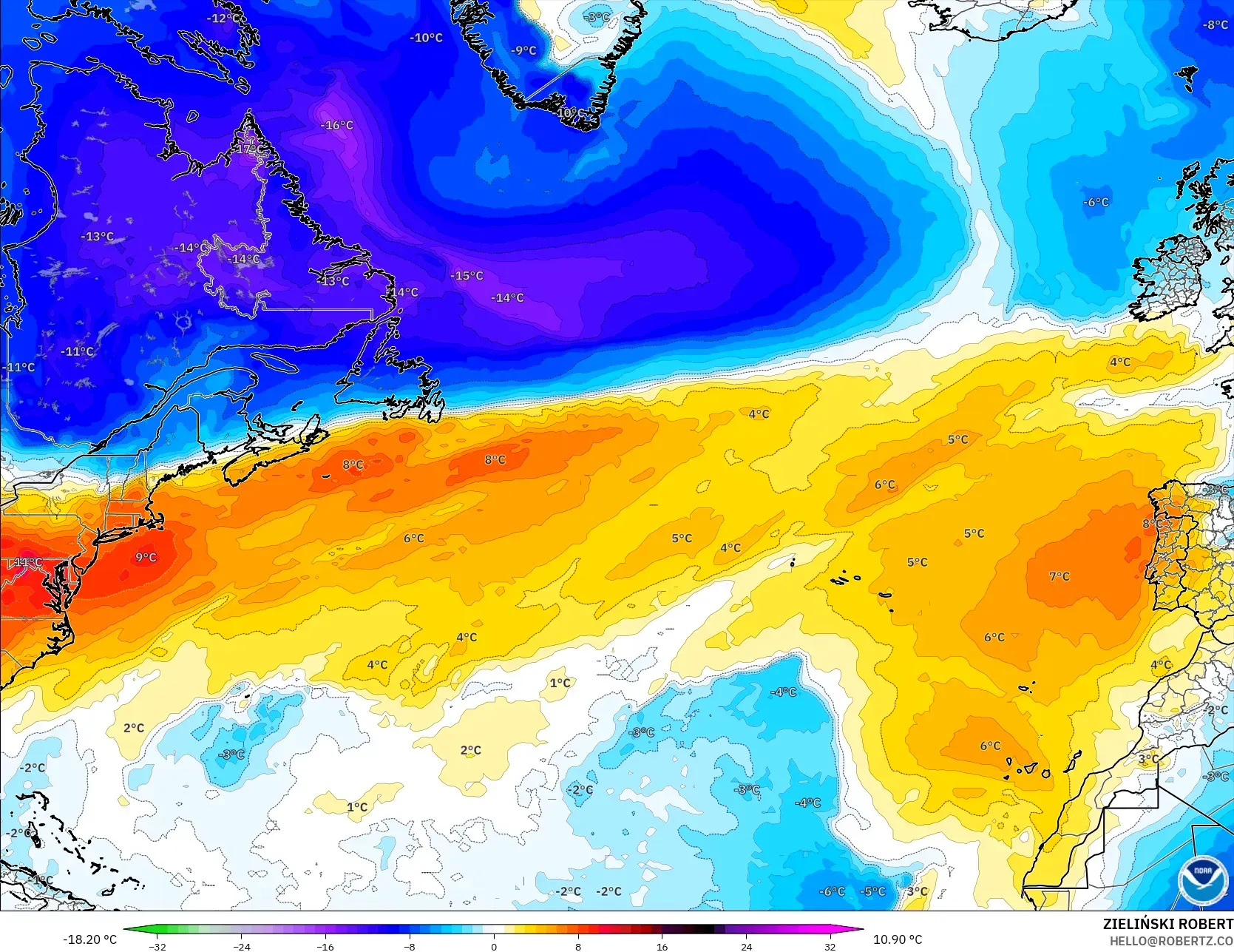 GFS modelo - Norte Atlántico, Anomalía de temperatura a 850 hPa