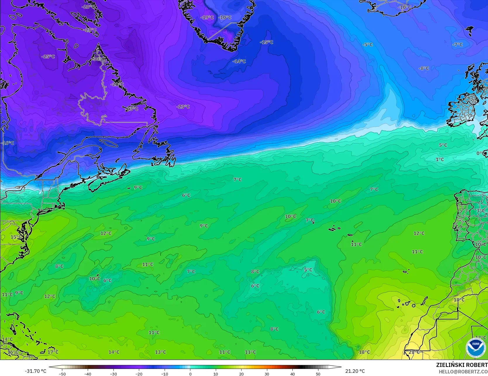 GFS modelo - Norte Atlántico, Temperatura a 850 hPa