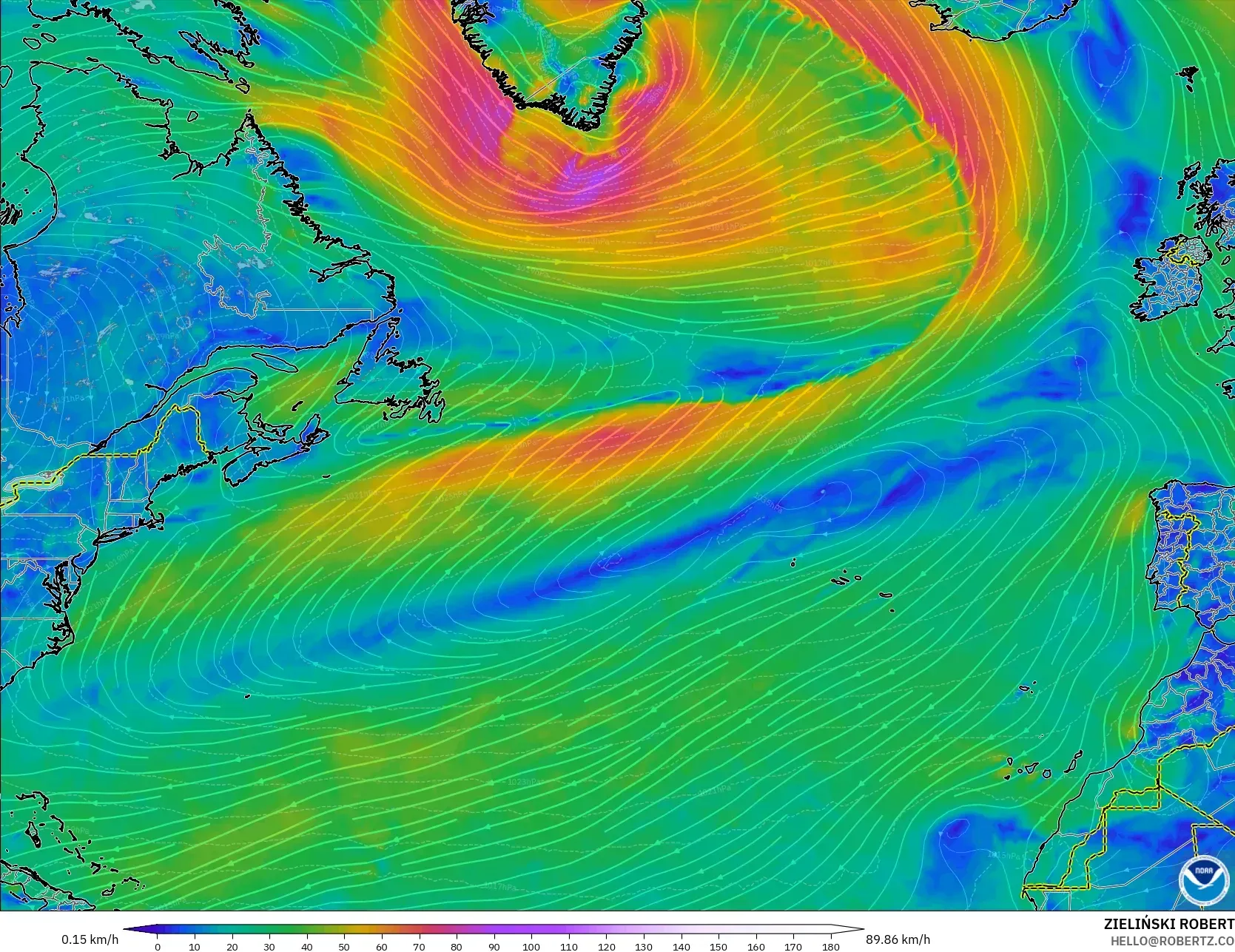 GFS modelo - Norte Atlántico, Viento a 10 m