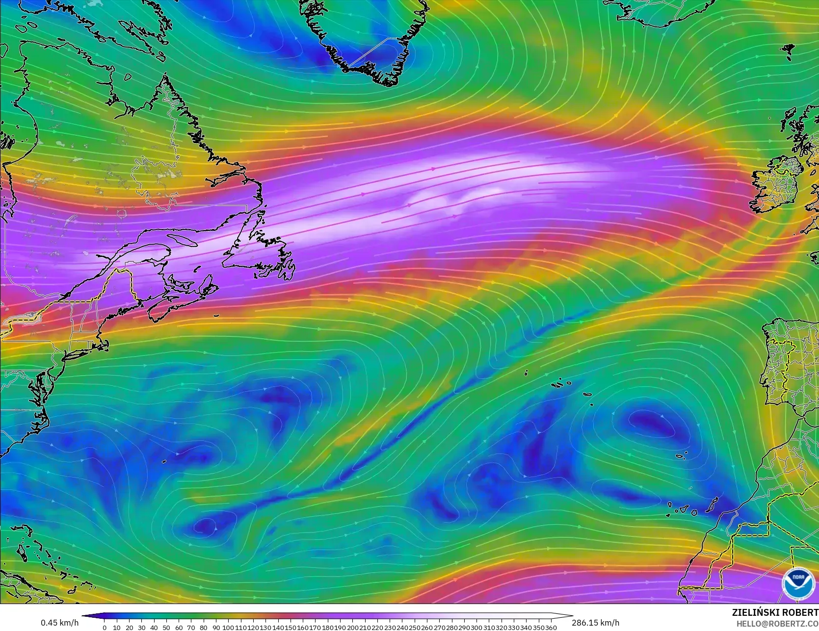 GFS modelo - Norte Atlántico, Viento a 300 hPa (corriente en chorro)