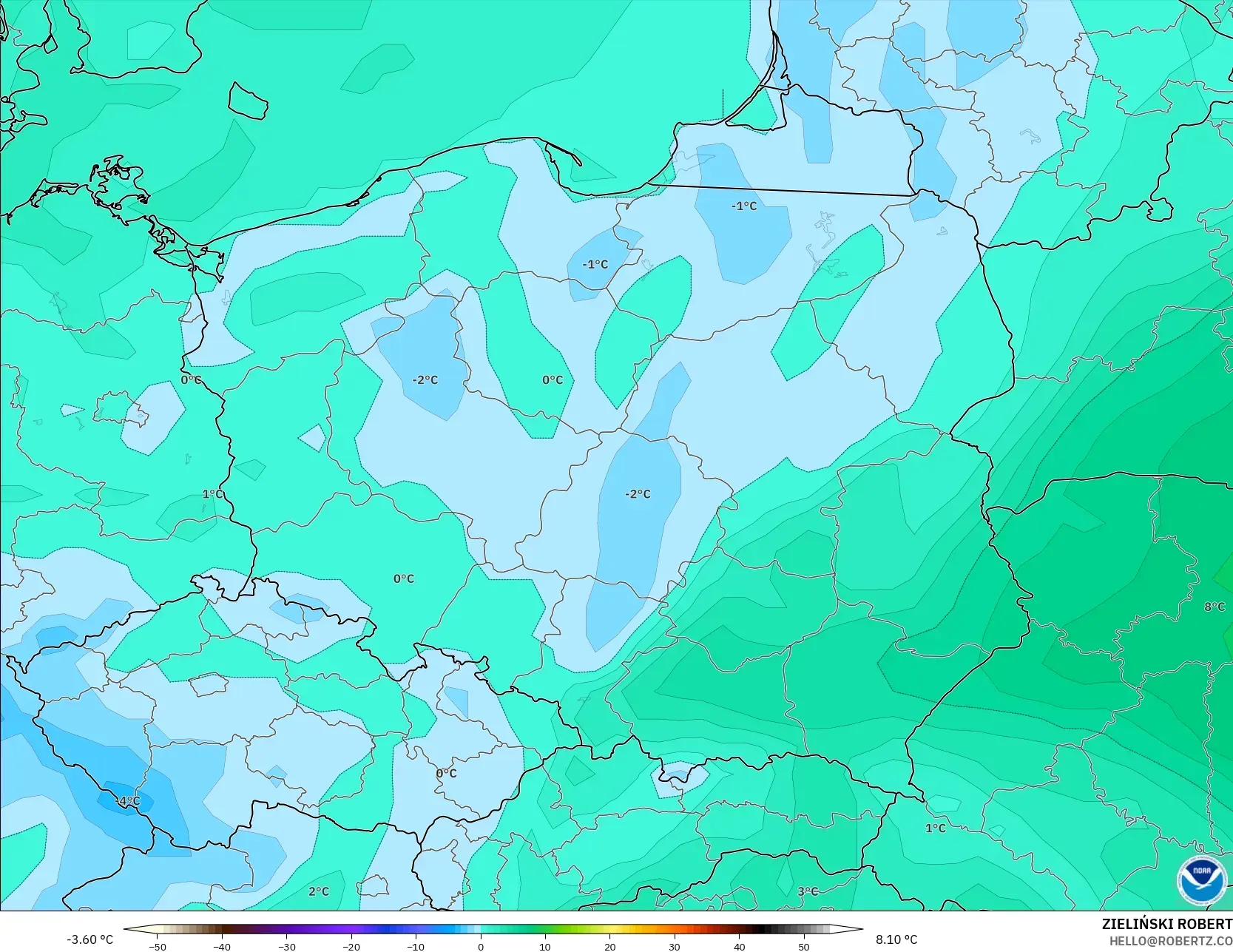 GFS modelo - Polonia, Punto de rocío a 2 m