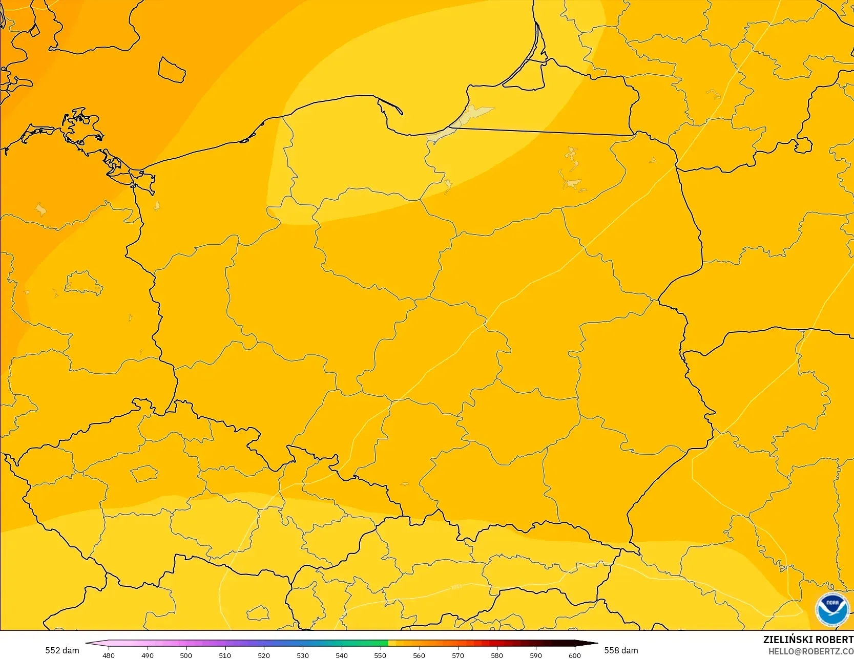 GFS modelo - Polonia, Altura geopotencial a 500 hPa