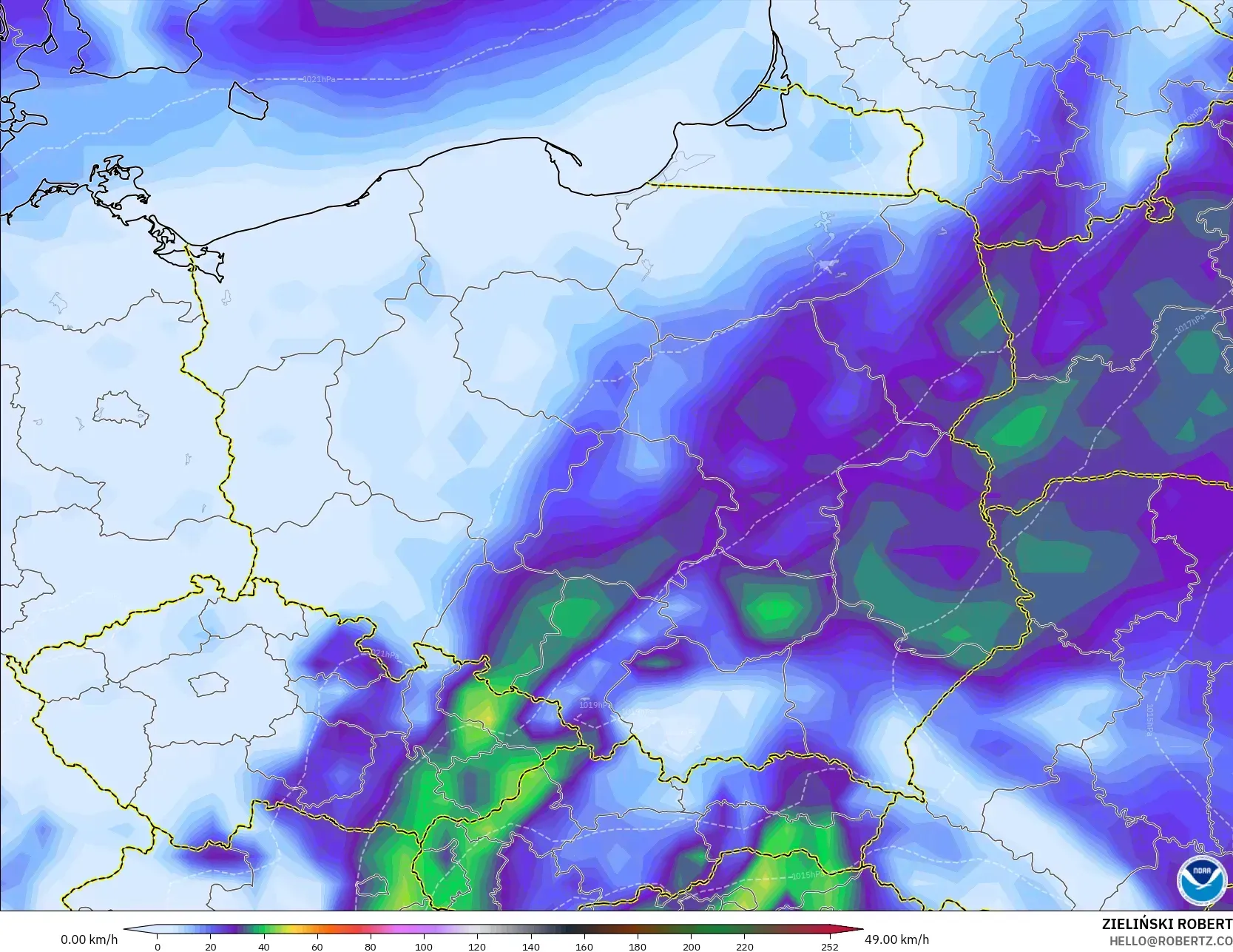 GFS modelo - Polonia, Ráfagas de Viento Máximas
