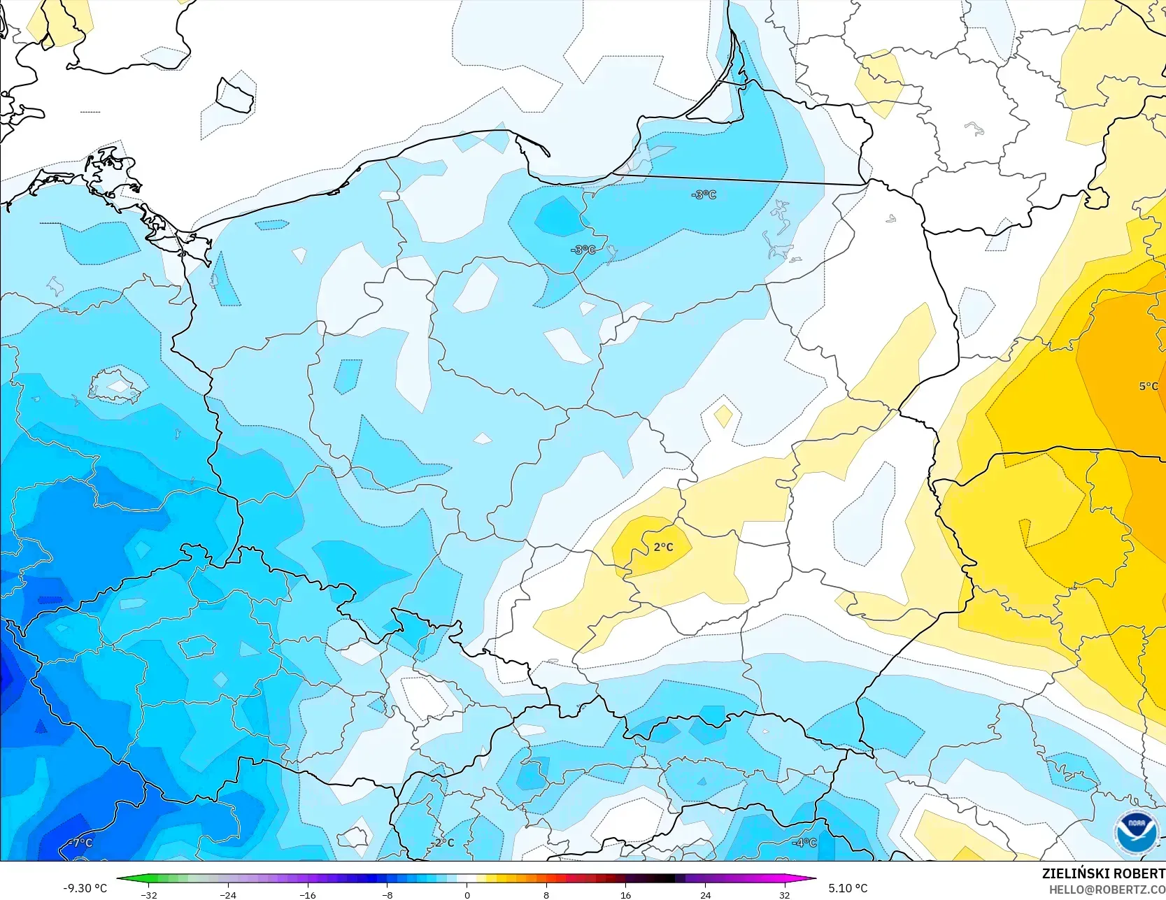 GFS modelo - Polonia, Anomalía de temperatura a 2 m