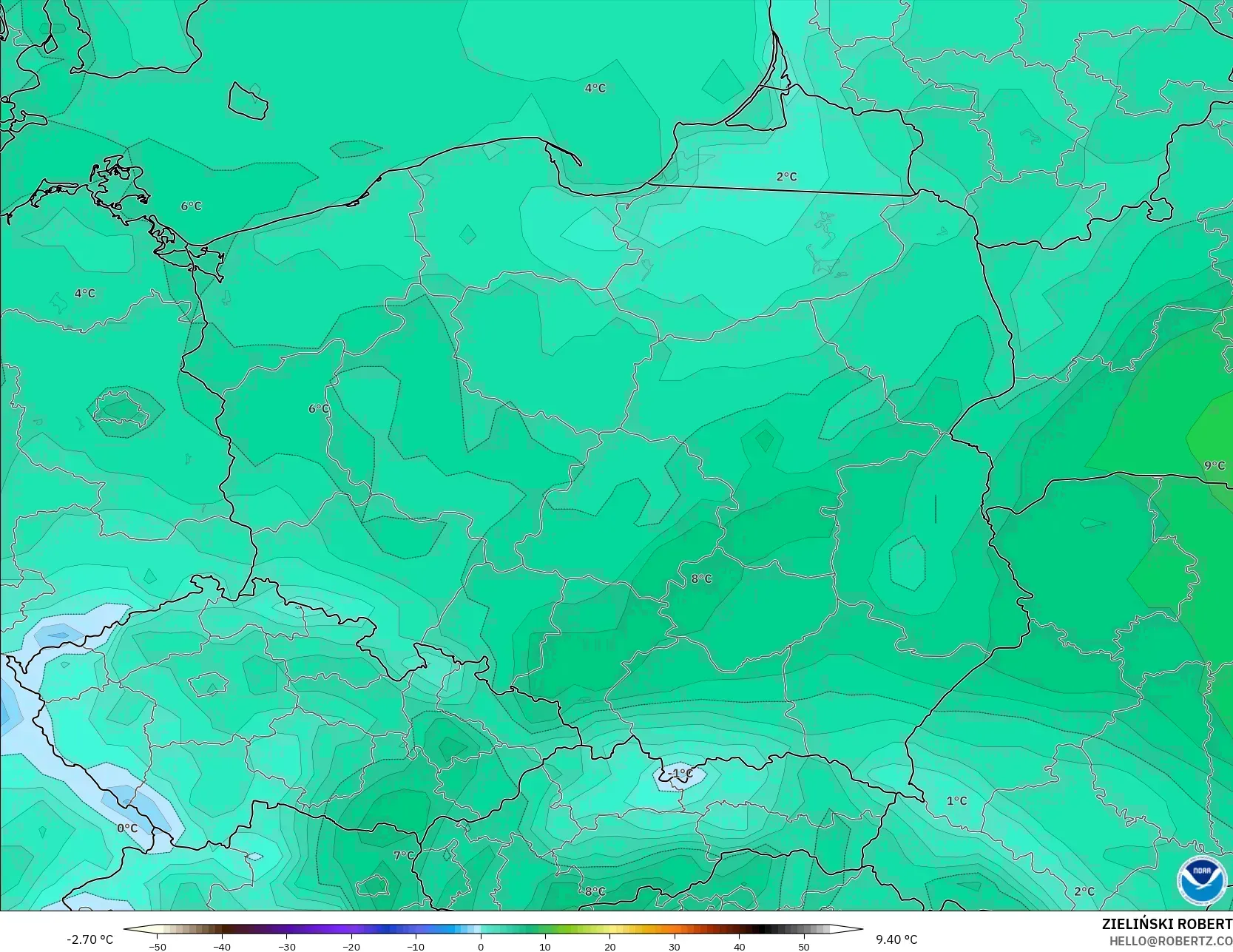 GFS modelo - Polonia, Temperatura a 2 m