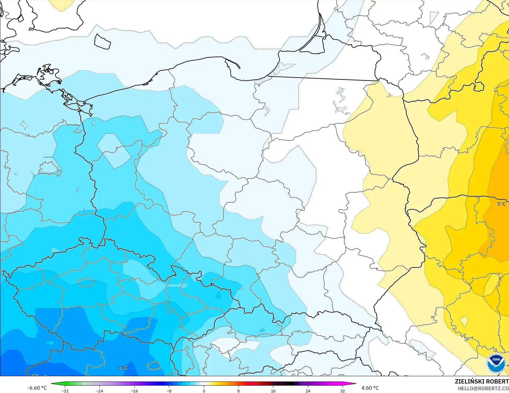 GFS modelo - Polonia, Anomalía de temperatura a 850 hPa