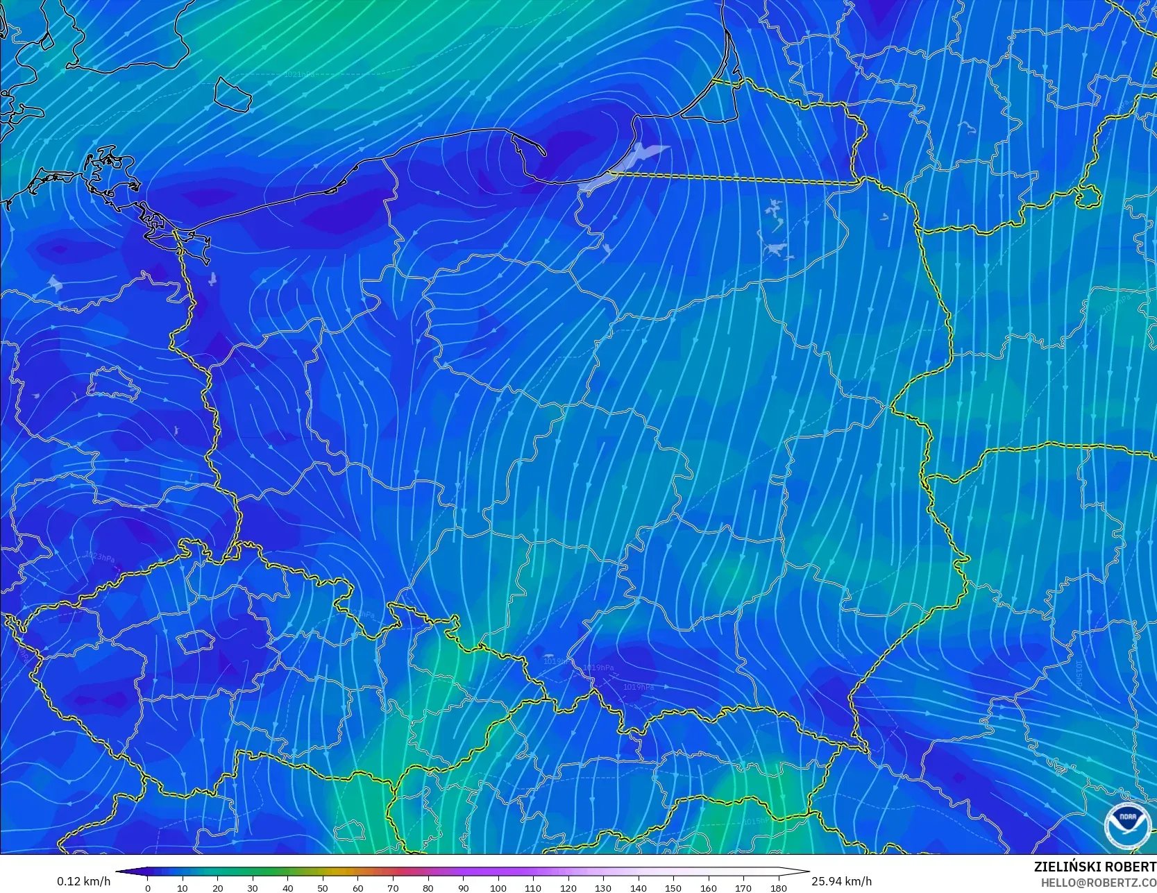 GFS modelo - Polonia, Viento a 10 m