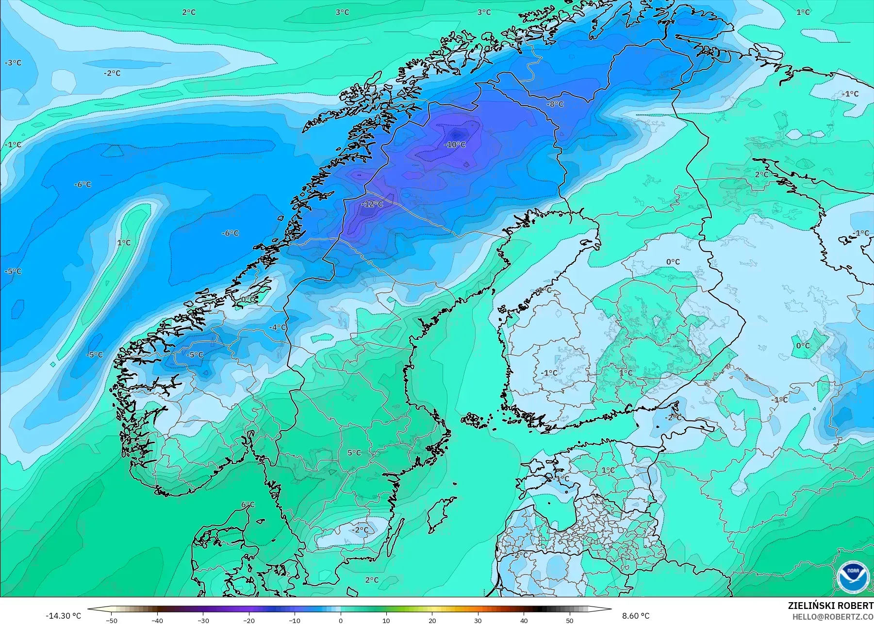 GFS modelo - Escandinavia, Punto de rocío a 2 m