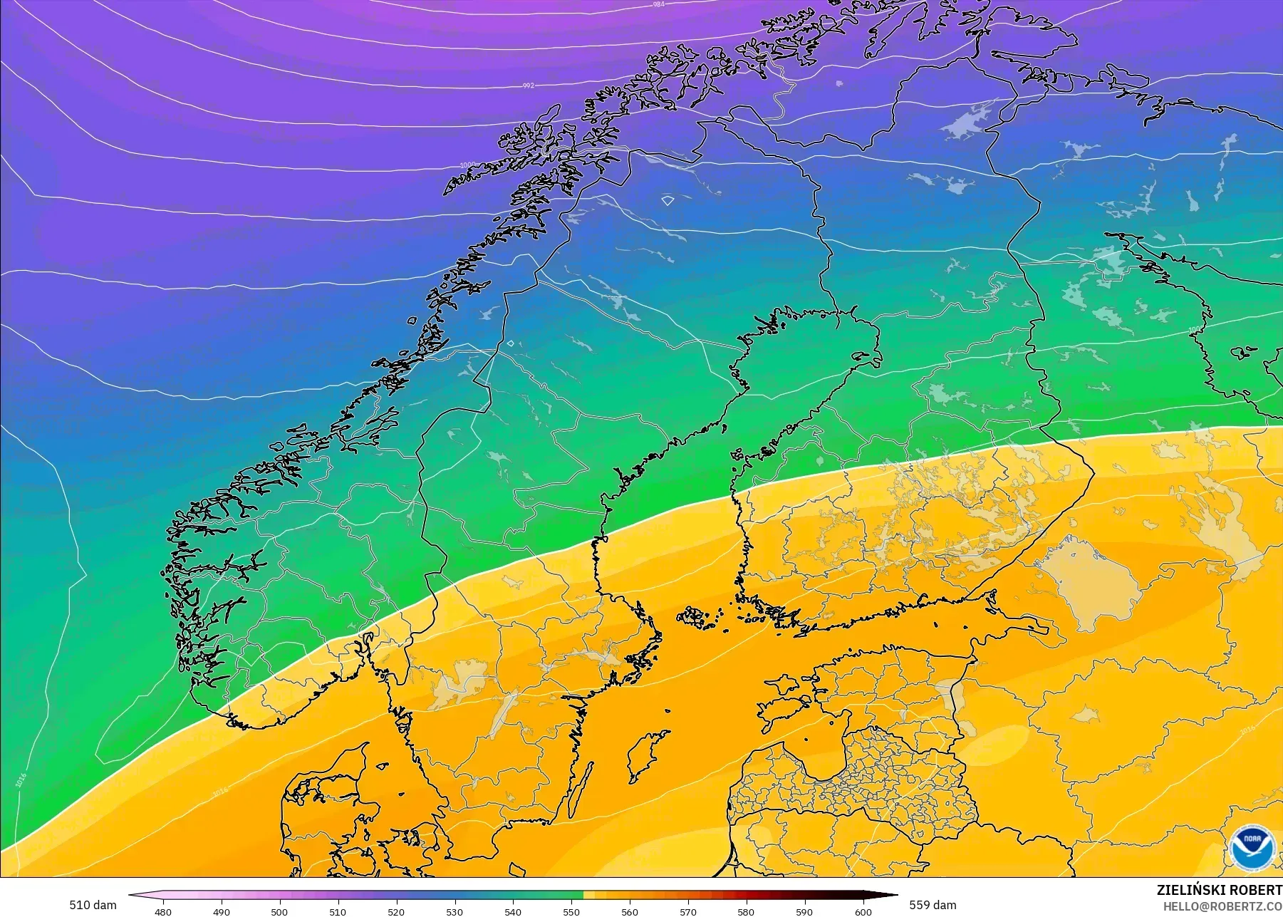 GFS modelo - Escandinavia, Altura geopotencial a 500 hPa