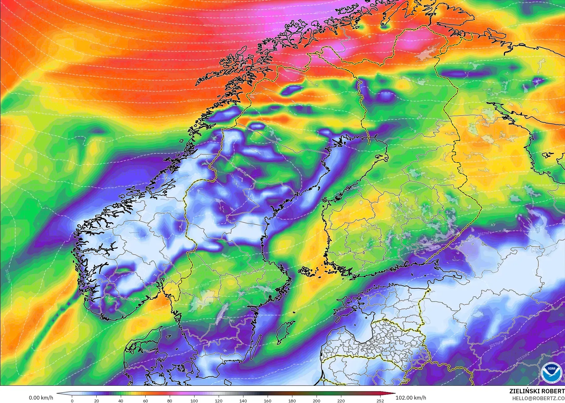 GFS modelo - Escandinavia, Ráfagas de Viento Máximas