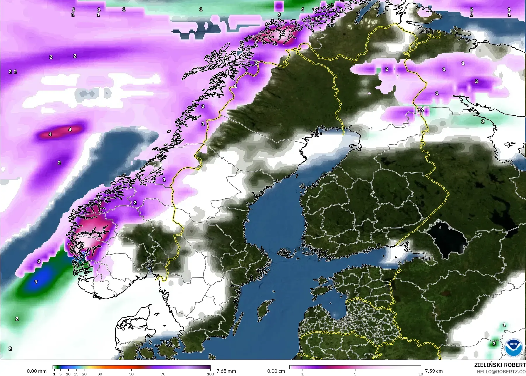 GFS modelo - Escandinavia, Precipitación, nubes y presión