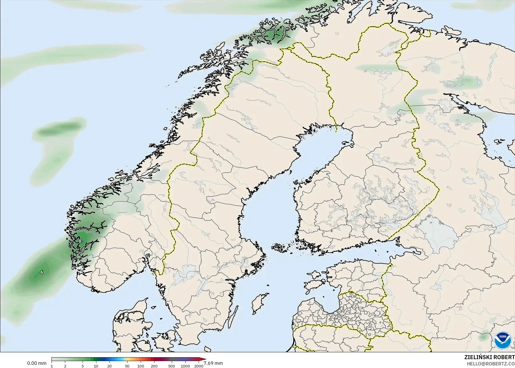 GFS modelo - Escandinavia, Acumulación de precipitación