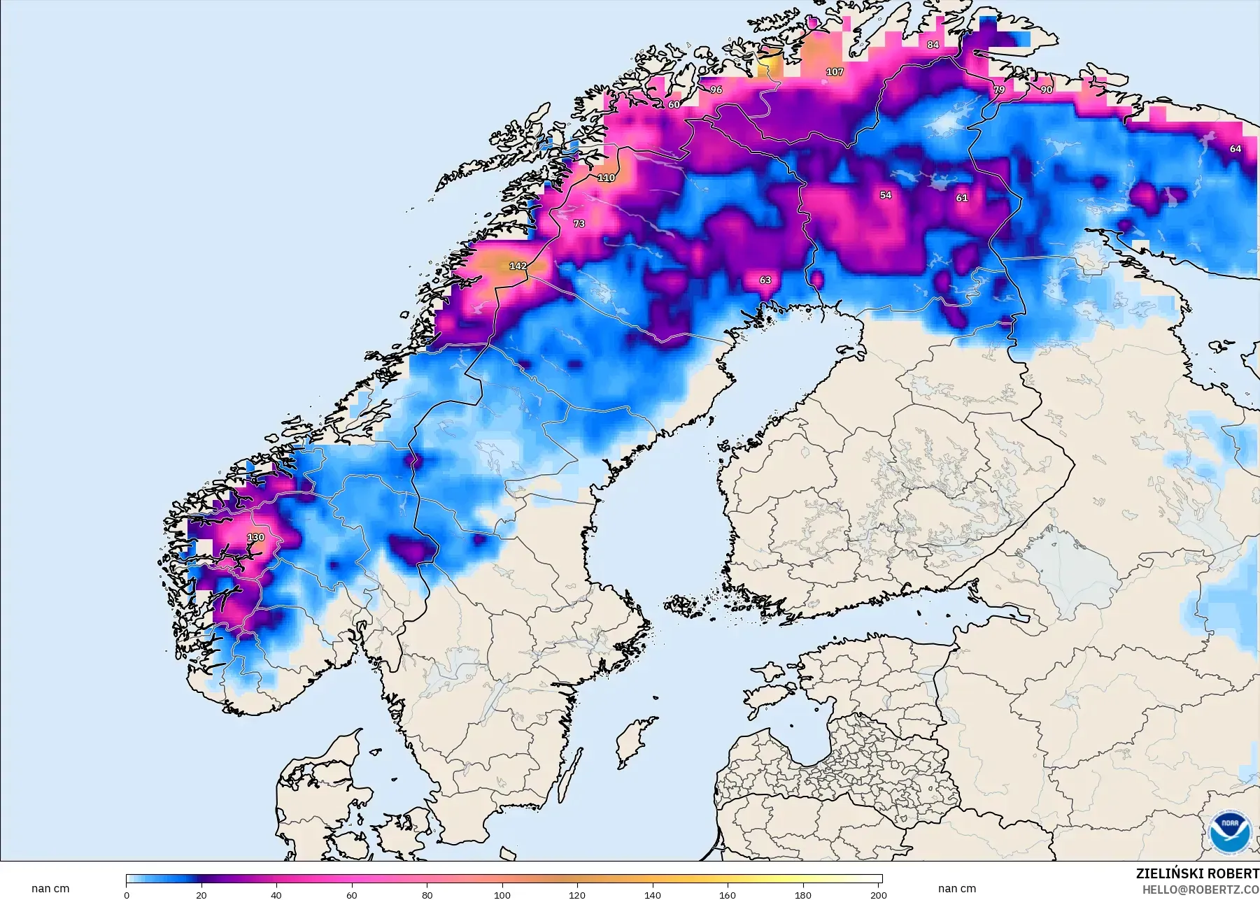 GFS modelo - Escandinavia, Profundidad de nieve