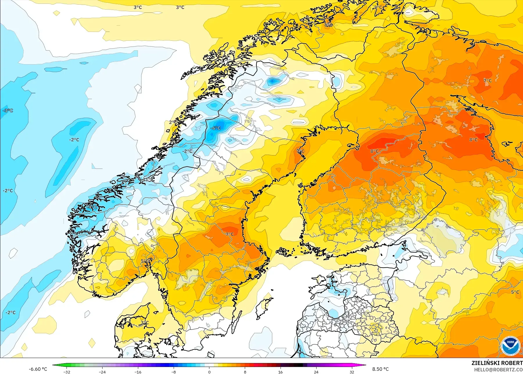 GFS modelo - Escandinavia, Anomalía de temperatura a 2 m