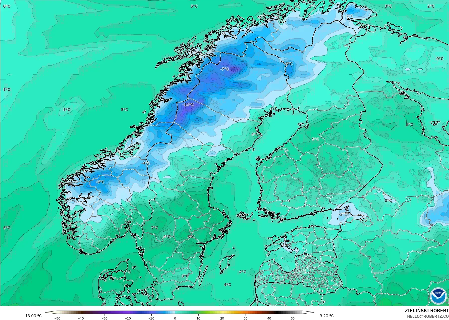 GFS modelo - Escandinavia, Temperatura a 2 m