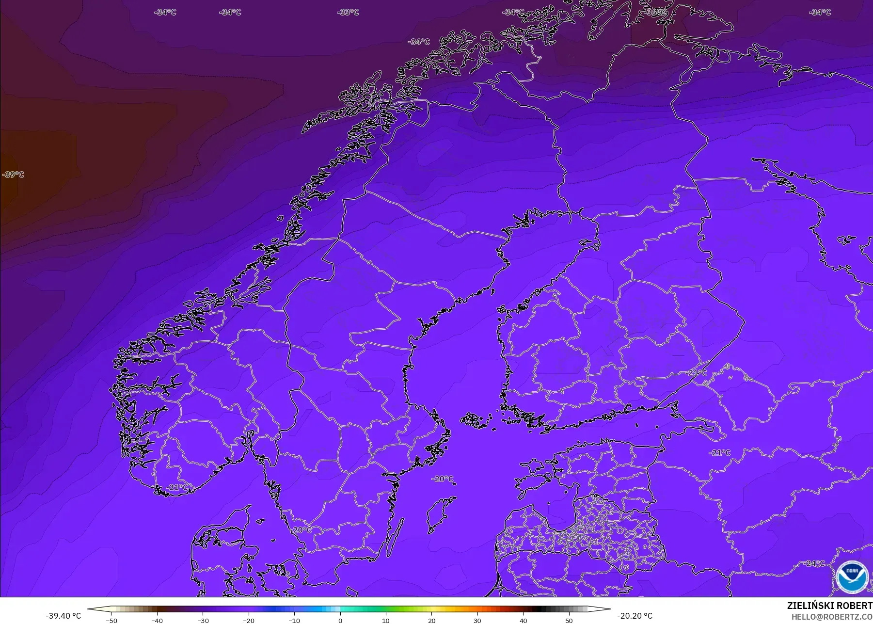GFS modelo - Escandinavia, Temperatura a 500 hPa