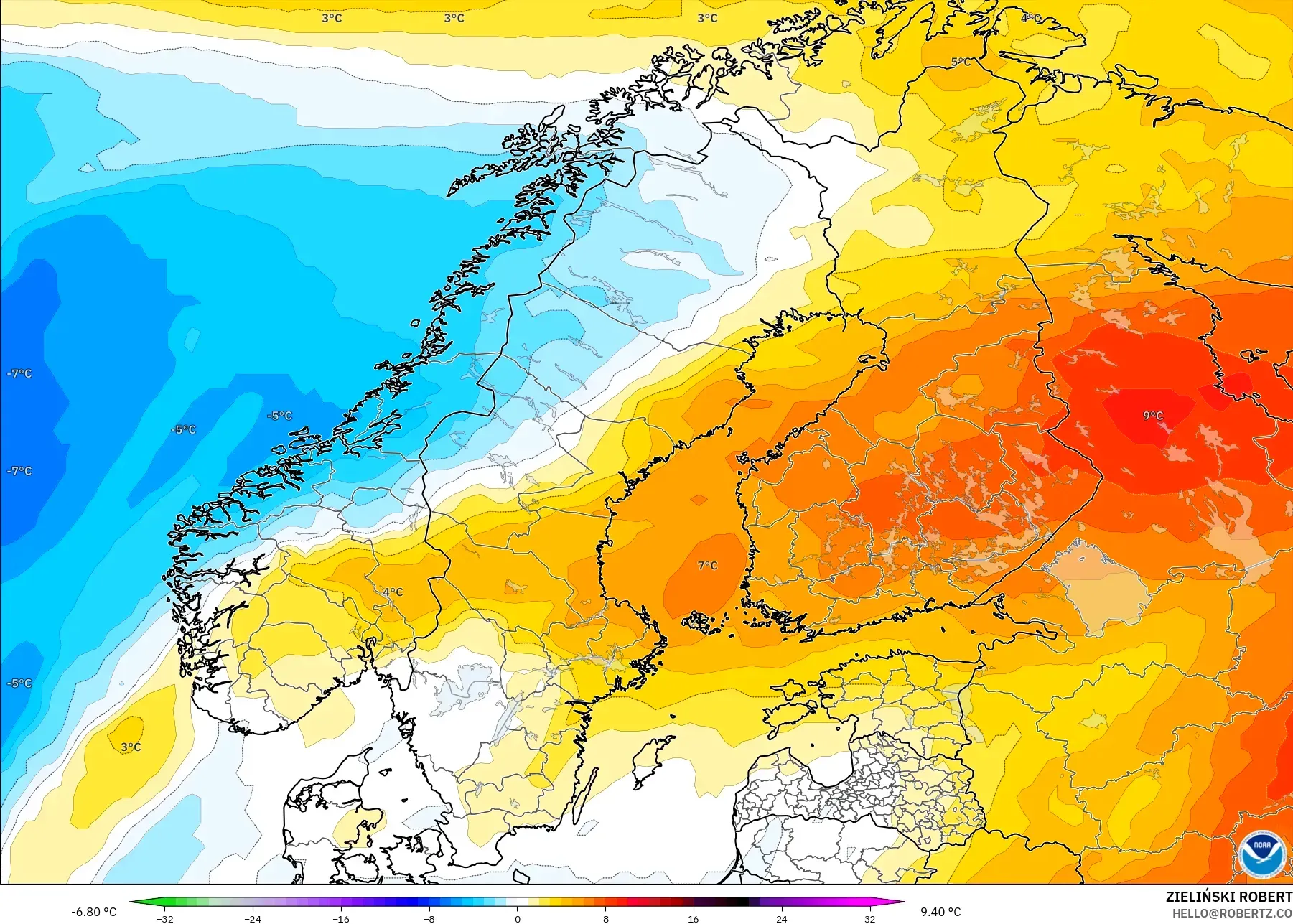 GFS modelo - Escandinavia, Anomalía de temperatura a 850 hPa