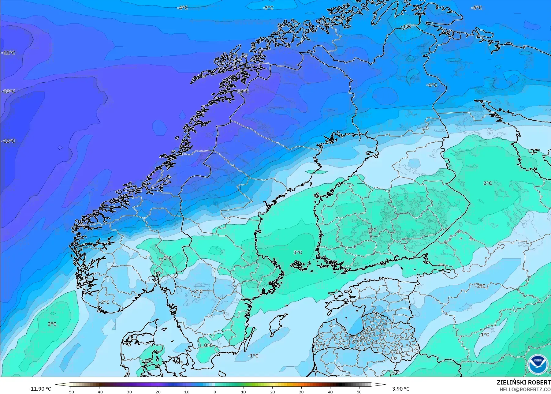 GFS modelo - Escandinavia, Temperatura a 850 hPa
