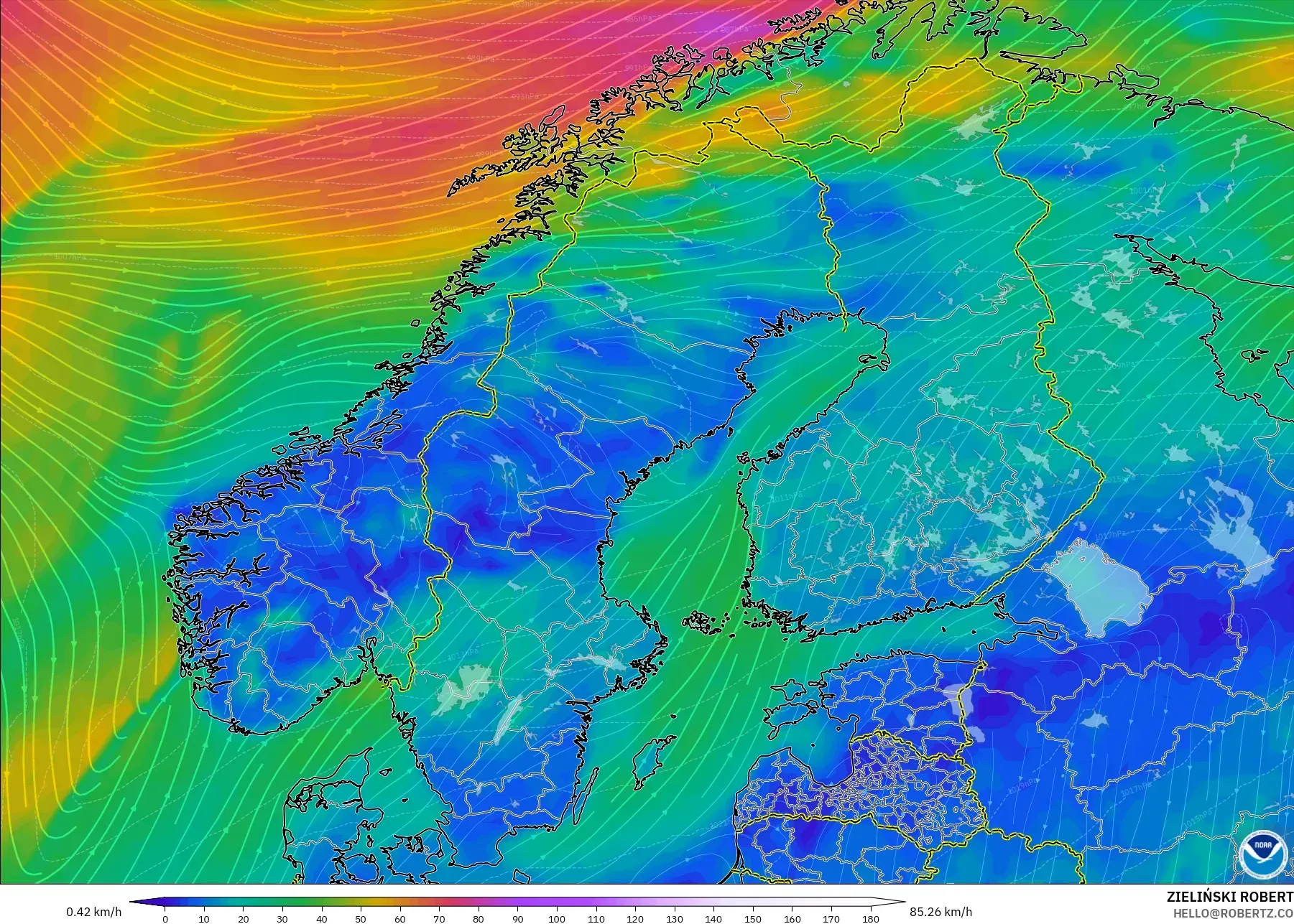 GFS modelo - Escandinavia, Viento a 10 m