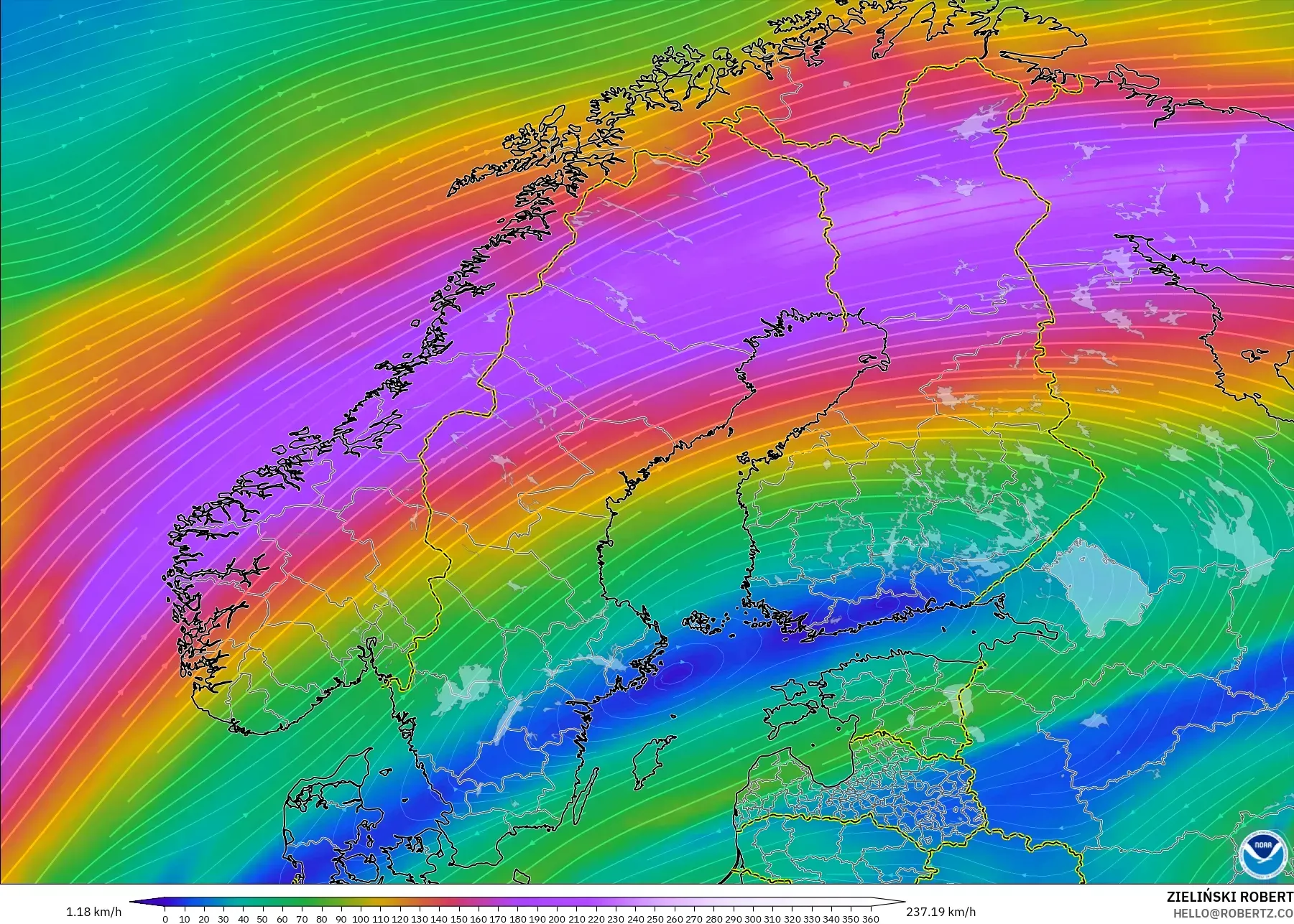 GFS modelo - Escandinavia, Viento a 300 hPa (corriente en chorro)