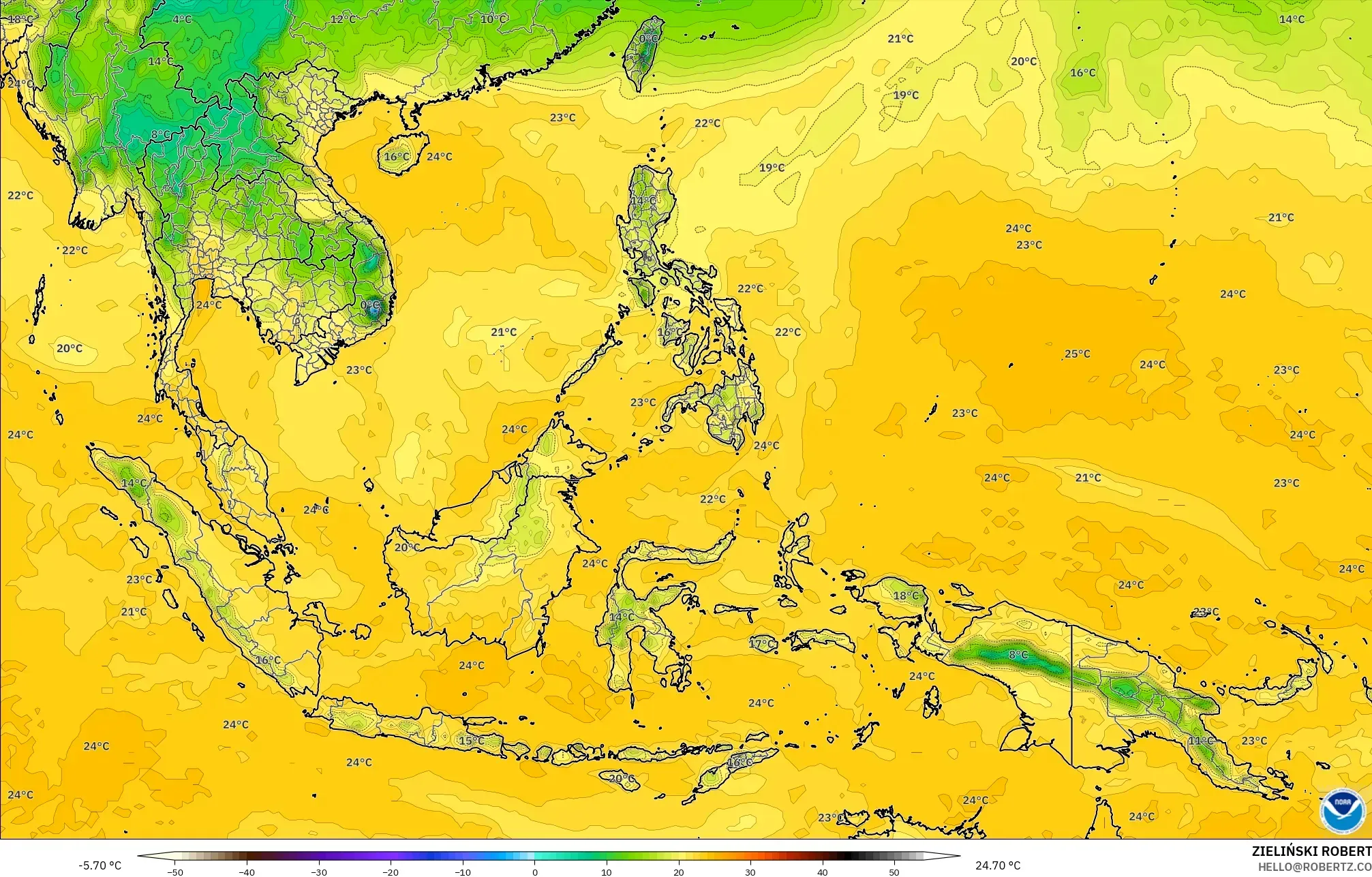 GFS modelo - Sudeste Asiático, Punto de rocío a 2 m