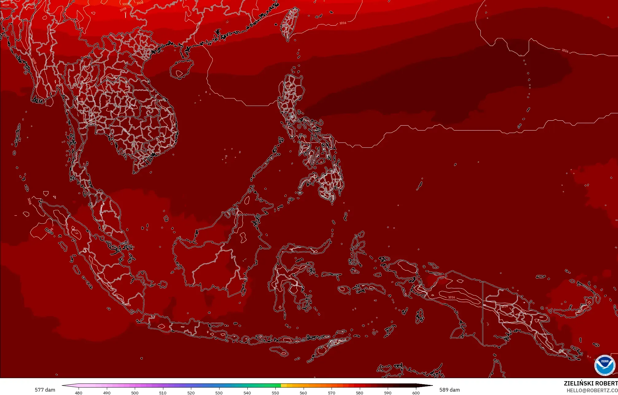 GFS modelo - Sudeste Asiático, Altura geopotencial a 500 hPa