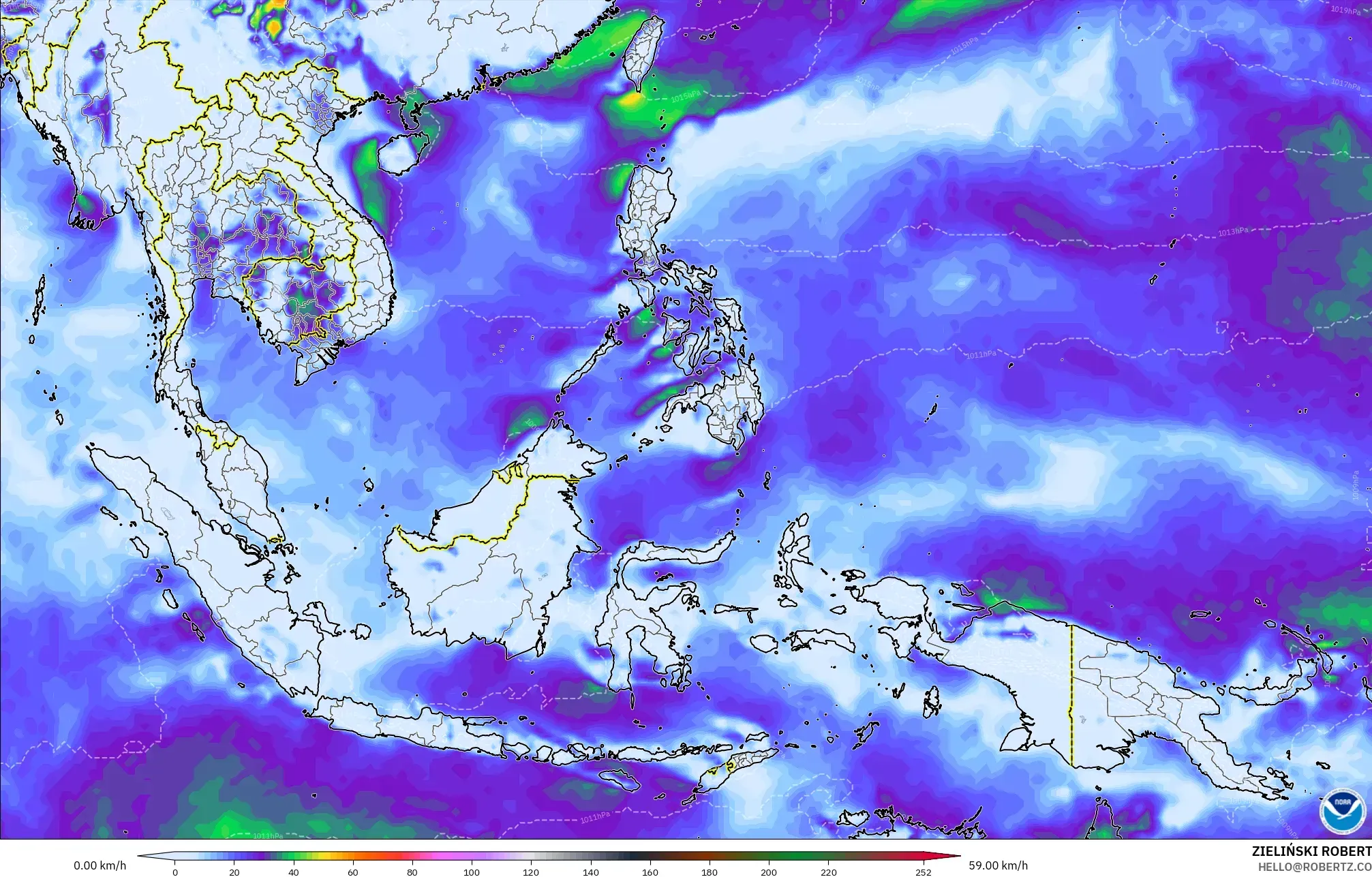 GFS modelo - Sudeste Asiático, Ráfagas de Viento Máximas