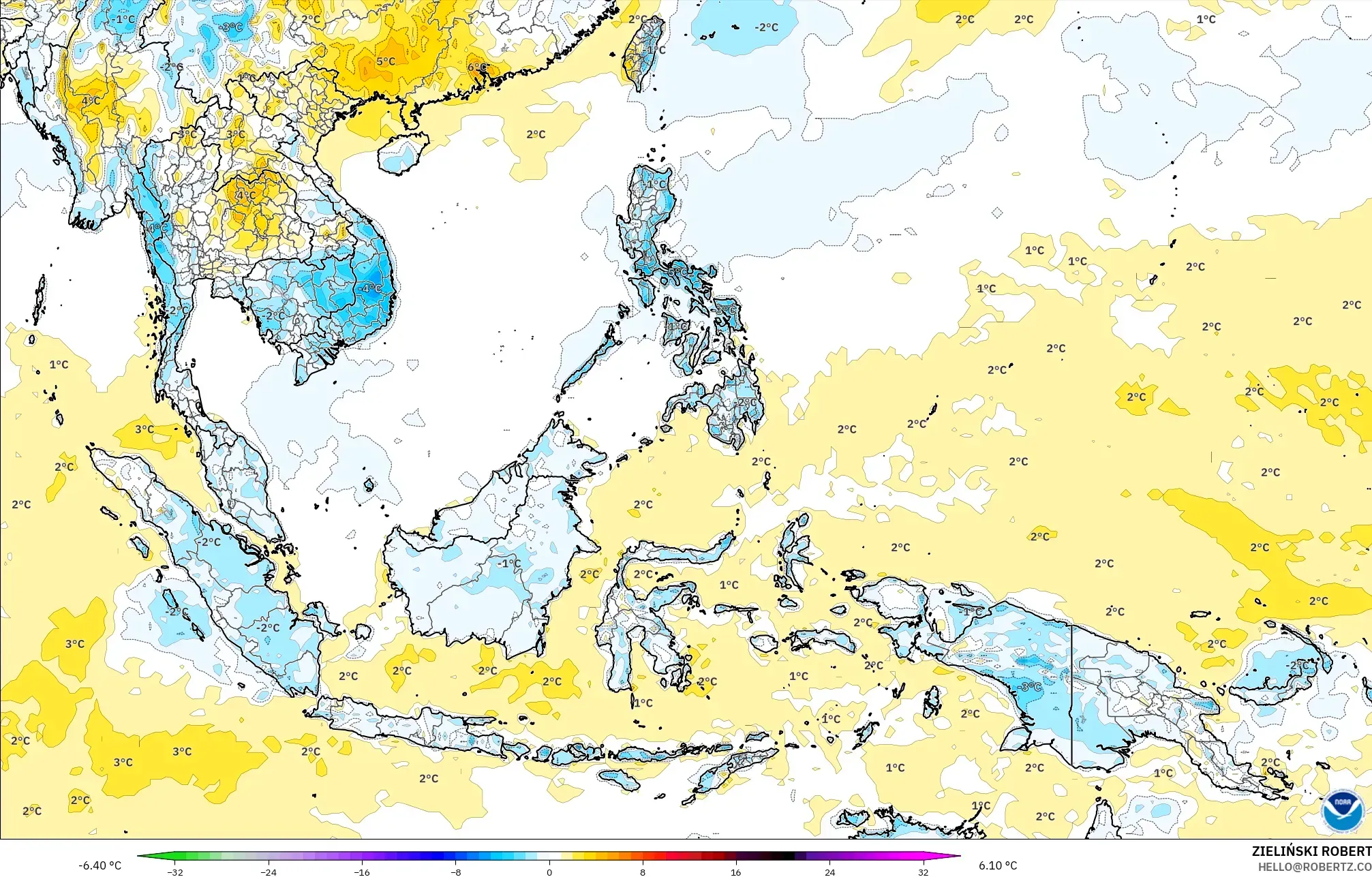 GFS modelo - Sudeste Asiático, Anomalía de temperatura a 2 m