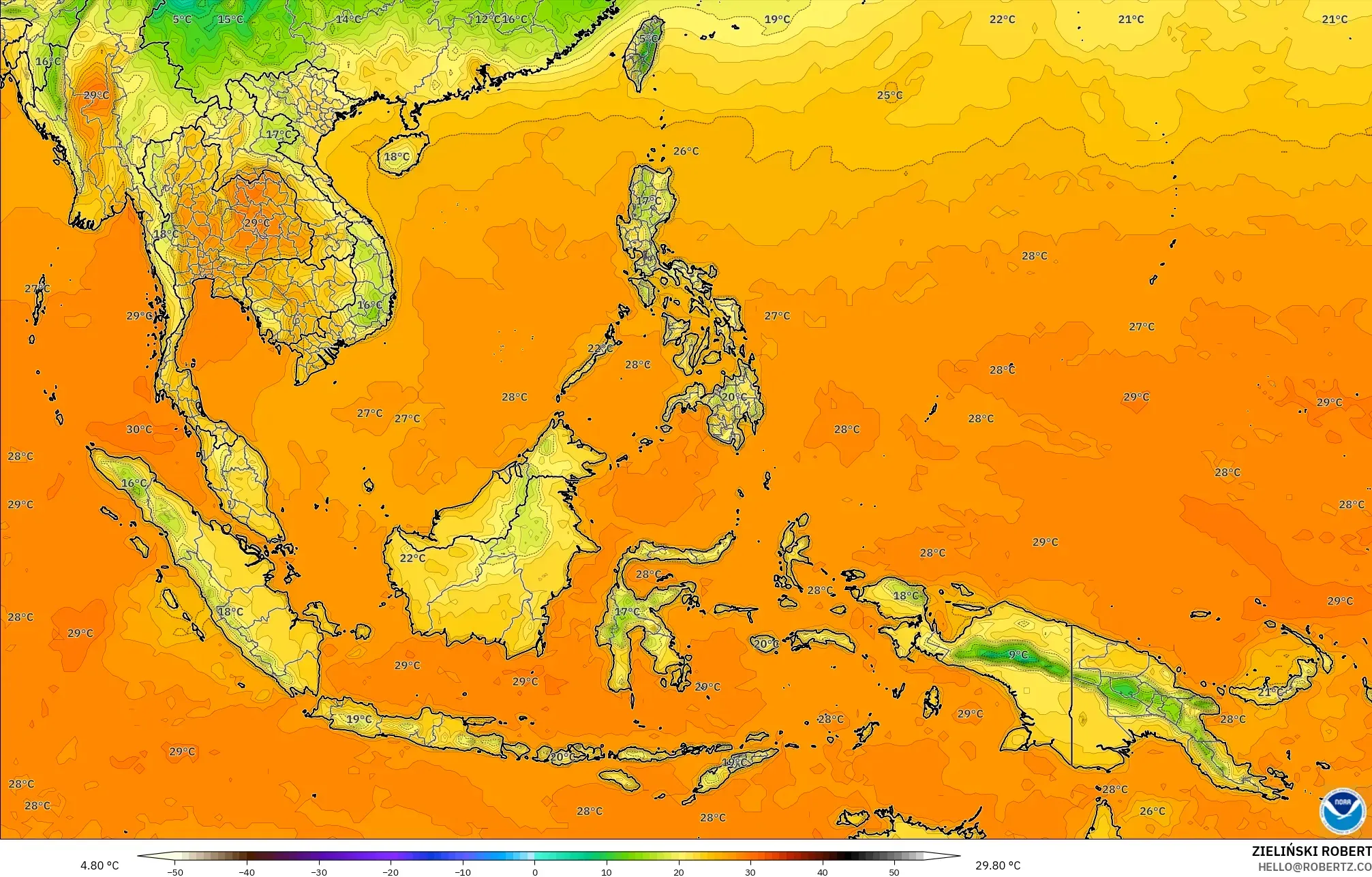 GFS modelo - Sudeste Asiático, Temperatura a 2 m