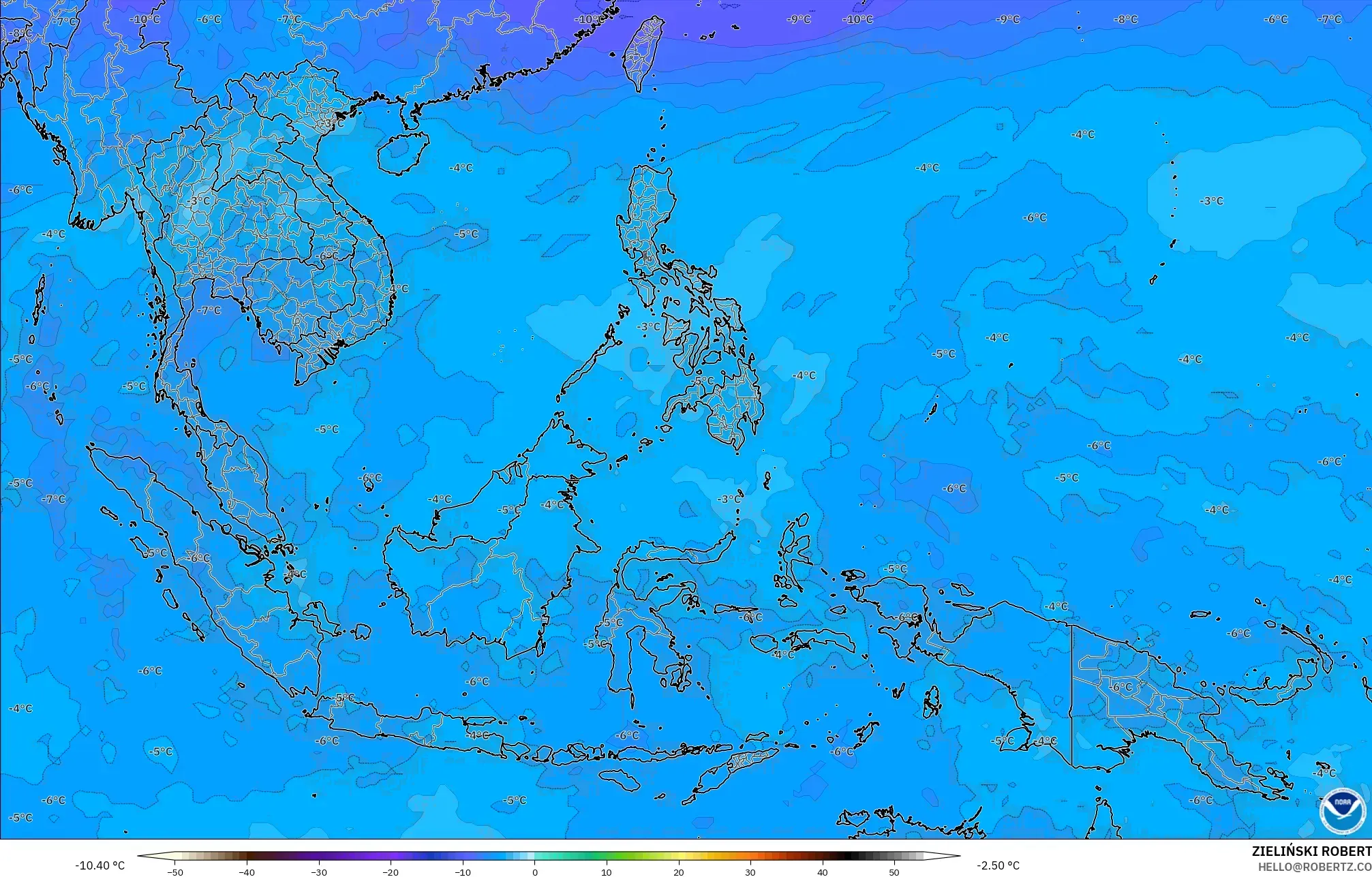 GFS modelo - Sudeste Asiático, Temperatura a 500 hPa