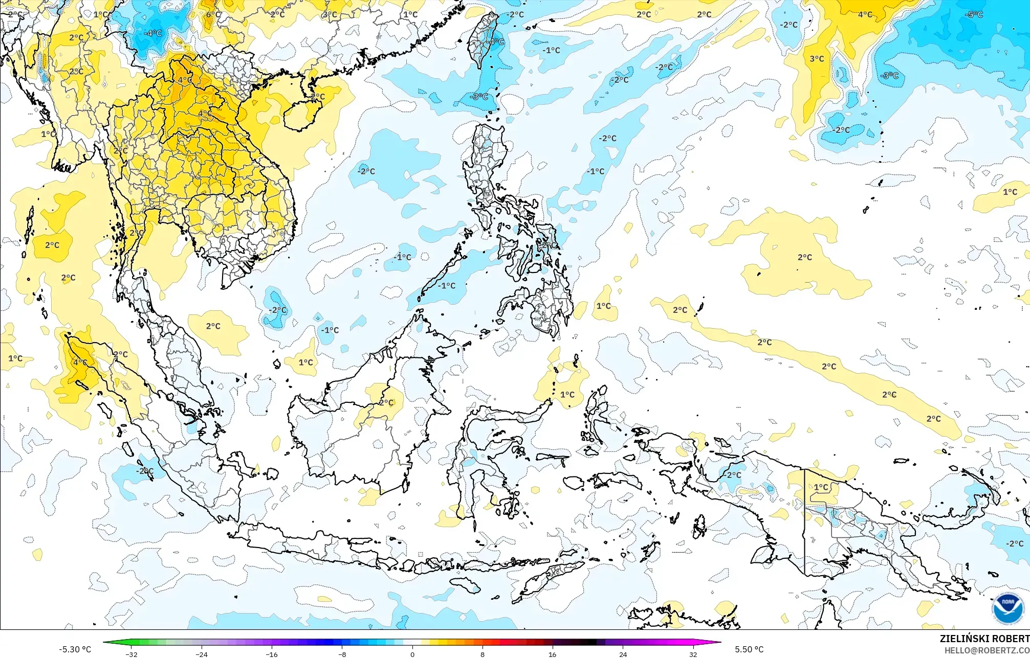 GFS modelo - Sudeste Asiático, Anomalía de temperatura a 850 hPa