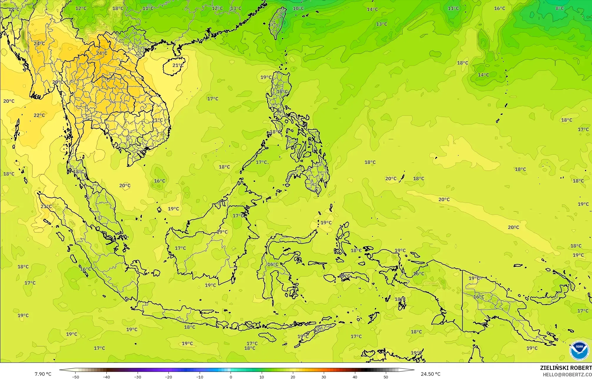GFS modelo - Sudeste Asiático, Temperatura a 850 hPa