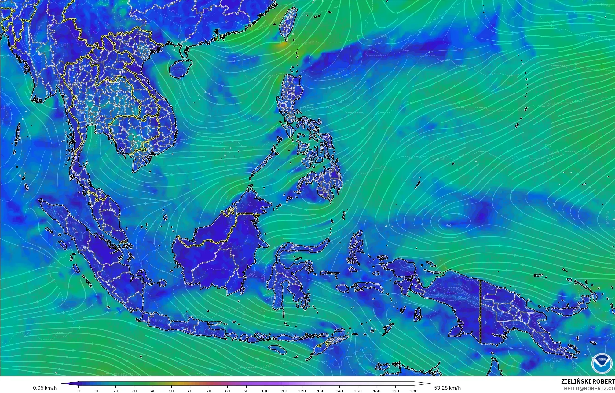 GFS modelo - Sudeste Asiático, Viento a 10 m